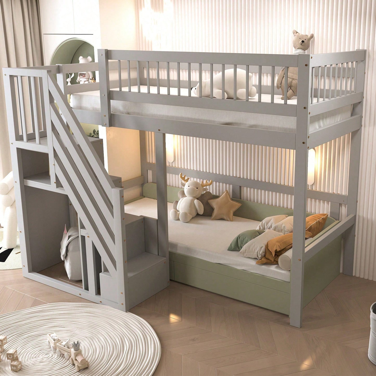 Massivholzbett 90x200 cm - Hochbett mit Treppe & integriertem Stauraum - Kinderbett/Jugendbett in Grau, stabile hohe Ausführung
