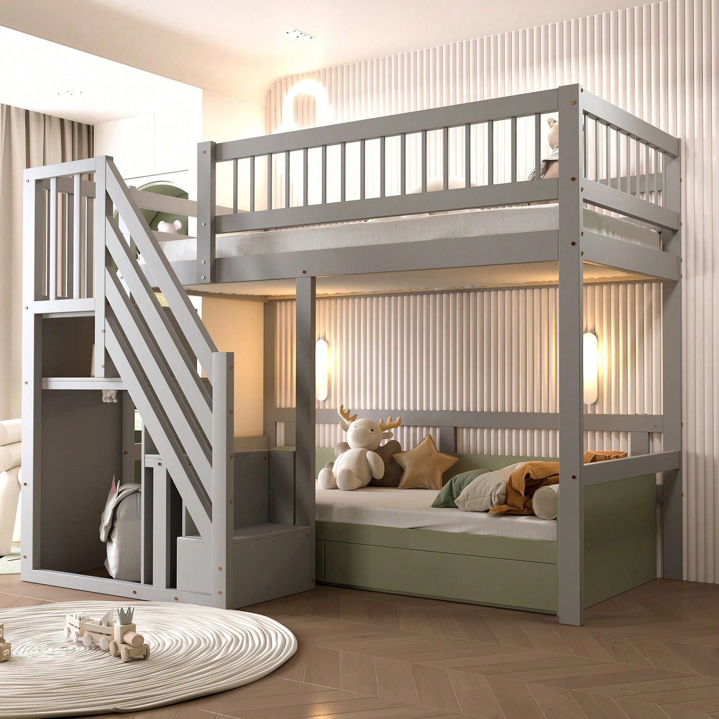 Massivholzbett 90x200 cm - Hochbett mit Treppe & integriertem Stauraum - Kinderbett/Jugendbett in Grau, stabile hohe Ausführung