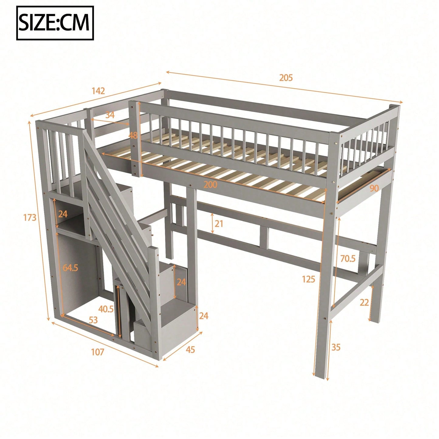 Massivholzbett 90x200 cm - Hochbett mit Treppe & integriertem Stauraum - Kinderbett/Jugendbett in Grau, stabile hohe Ausführung