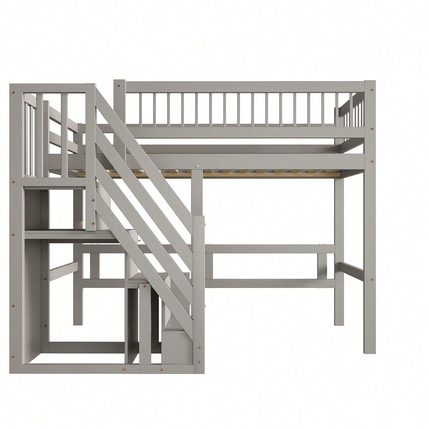 Massivholzbett 90x200 cm - Hochbett mit Treppe & integriertem Stauraum - Kinderbett/Jugendbett in Grau, stabile hohe Ausführung