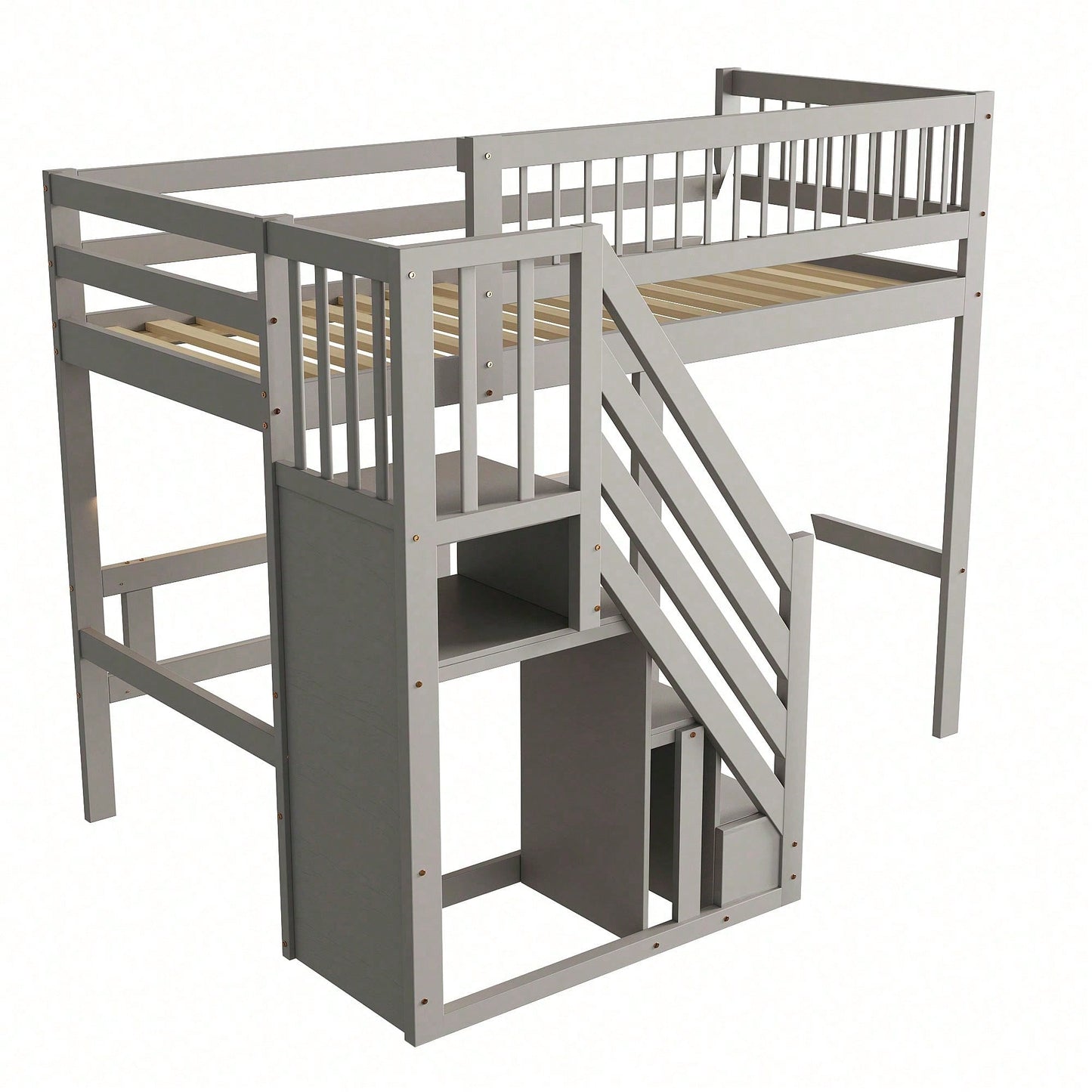 Massivholzbett 90x200 cm - Hochbett mit Treppe & integriertem Stauraum - Kinderbett/Jugendbett in Grau, stabile hohe Ausführung