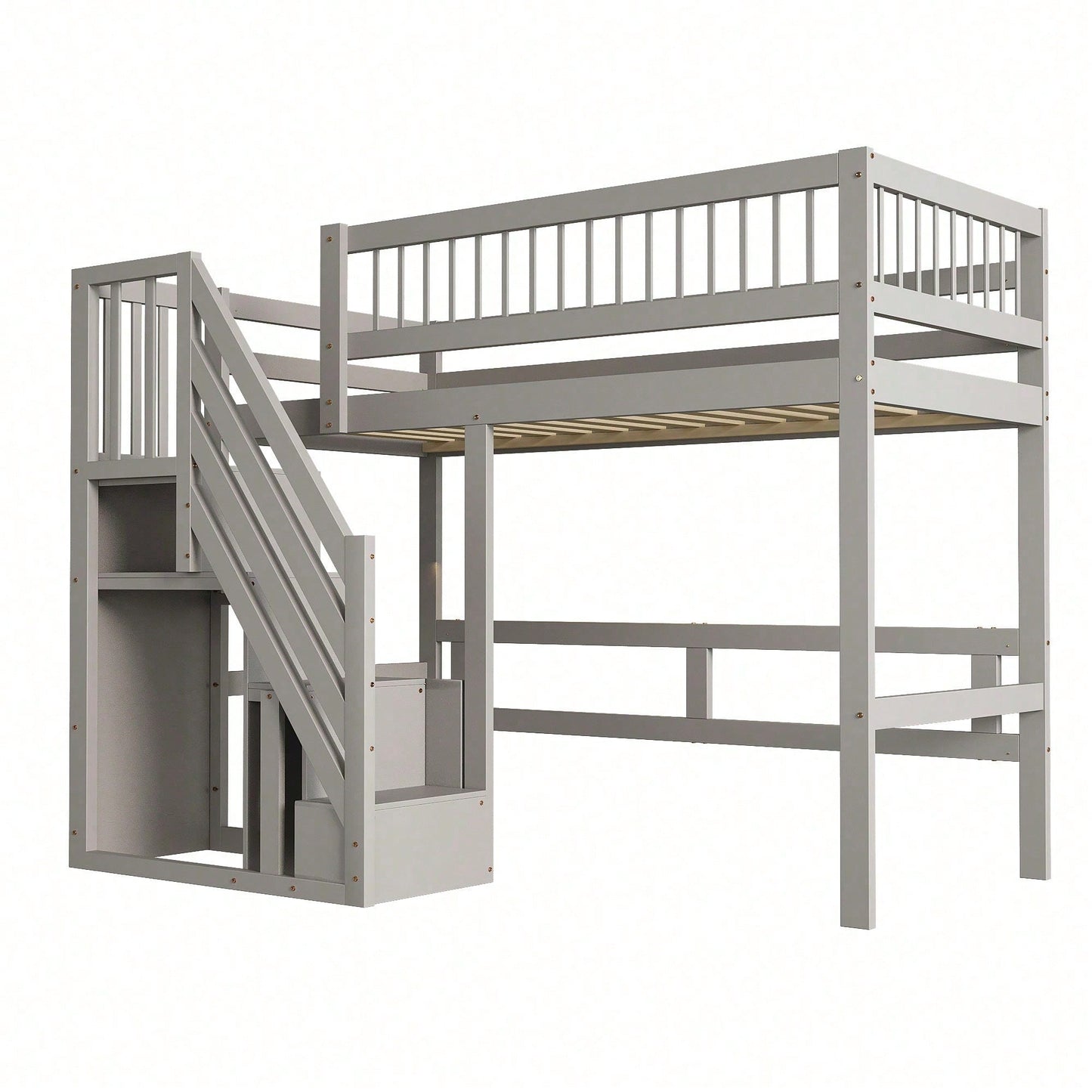 Massivholzbett 90x200 cm - Hochbett mit Treppe & integriertem Stauraum - Kinderbett/Jugendbett in Grau, stabile hohe Ausführung
