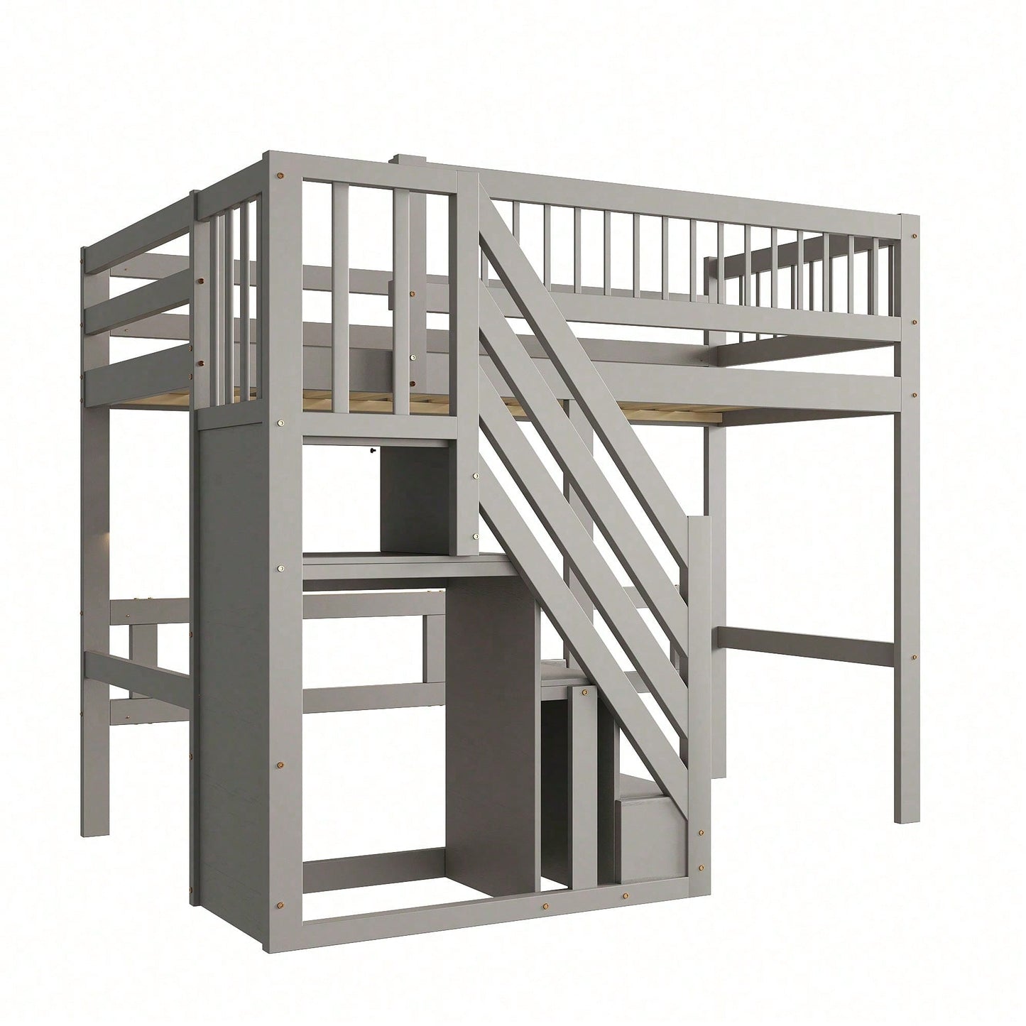 Massivholzbett 90x200 cm - Hochbett mit Treppe & integriertem Stauraum - Kinderbett/Jugendbett in Grau, stabile hohe Ausführung