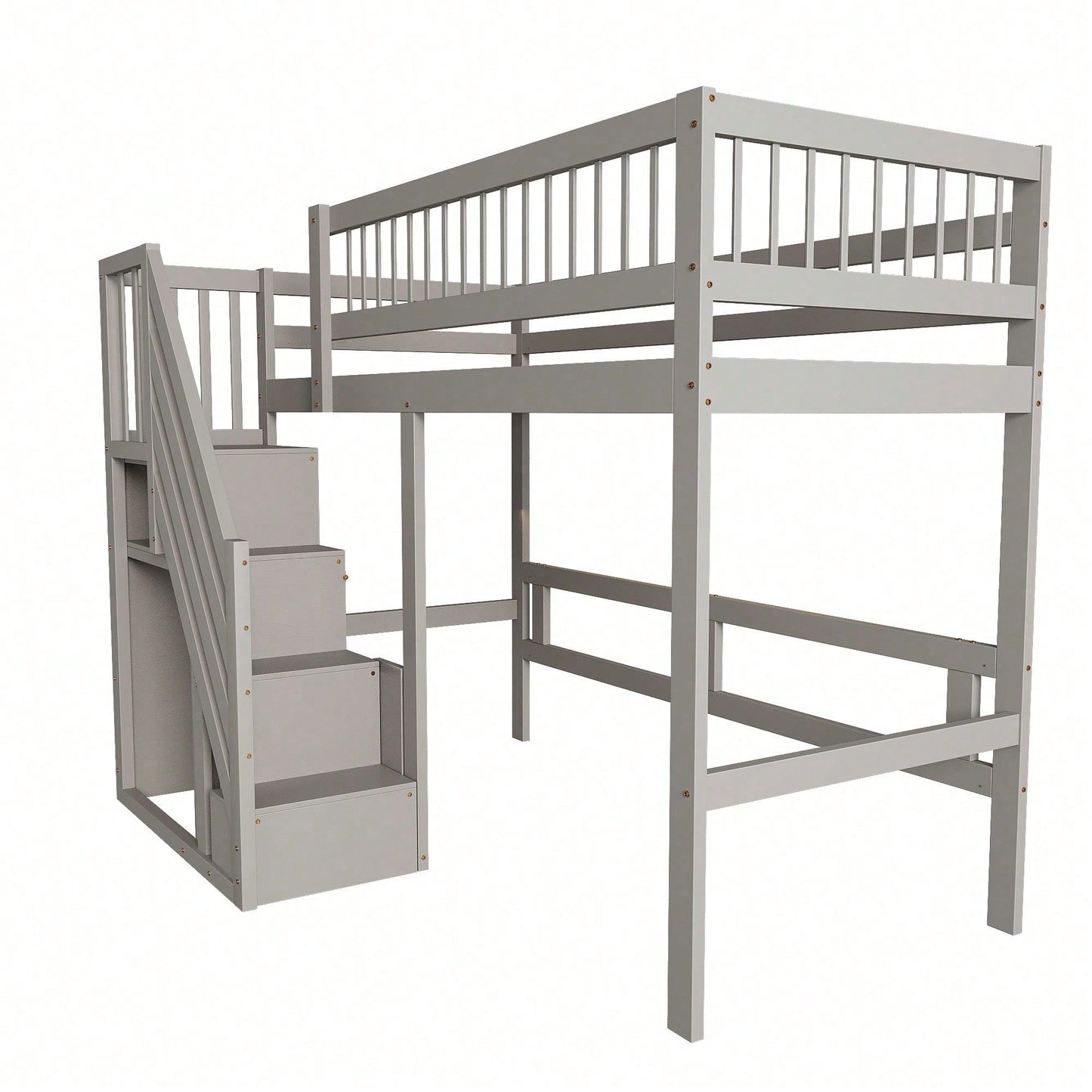 Massivholzbett 90x200 cm - Hochbett mit Treppe & integriertem Stauraum - Kinderbett/Jugendbett in Grau, stabile hohe Ausführung