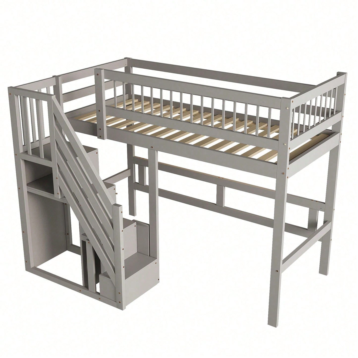 Massivholzbett 90x200 cm - Hochbett mit Treppe & integriertem Stauraum - Kinderbett/Jugendbett in Grau, stabile hohe Ausführung