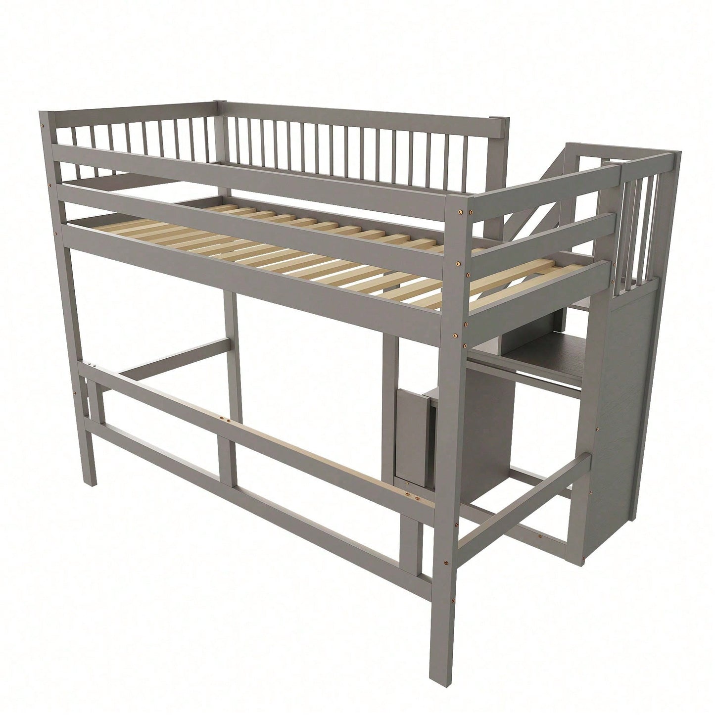 Massivholzbett 90x200 cm - Hochbett mit Treppe & integriertem Stauraum - Kinderbett/Jugendbett in Grau, stabile hohe Ausführung