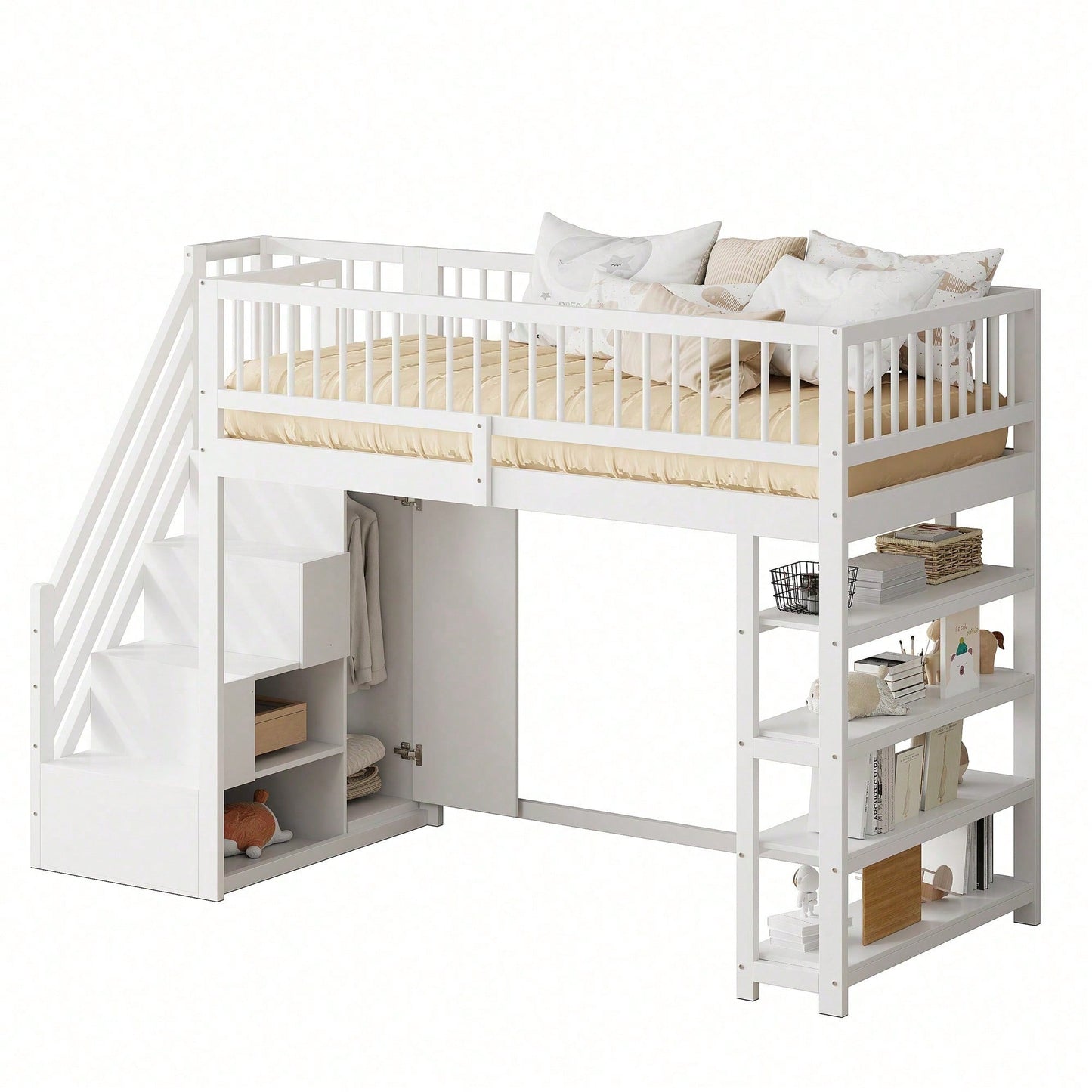Hochbett 90x200 cm mit Kleiderschrank & Regalen – Sicherheitshochzaun, großer Stauraum & Kletterleiter – Massivholz, weiß, Multifunktions-Kinderbett
