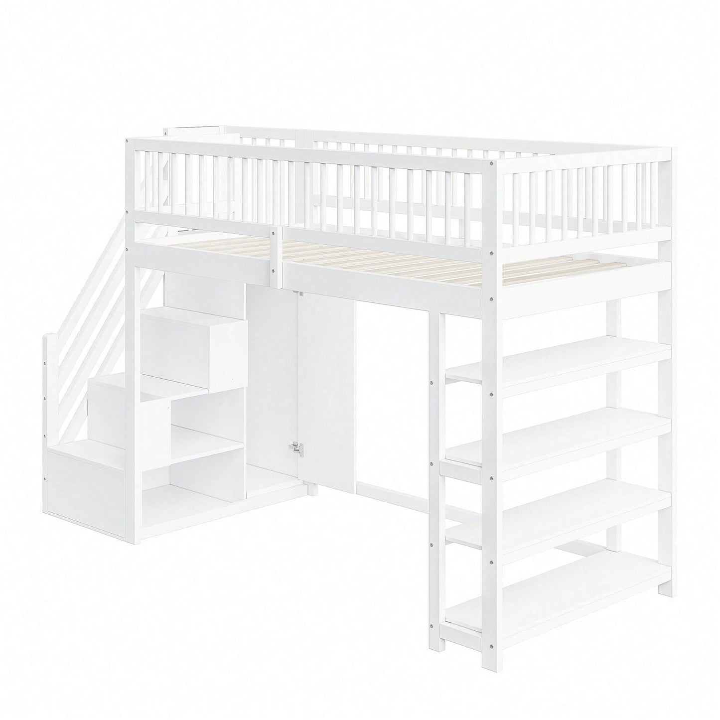 Hochbett 90x200 cm mit Kleiderschrank & Regalen – Sicherheitshochzaun, großer Stauraum & Kletterleiter – Massivholz, weiß, Multifunktions-Kinderbett