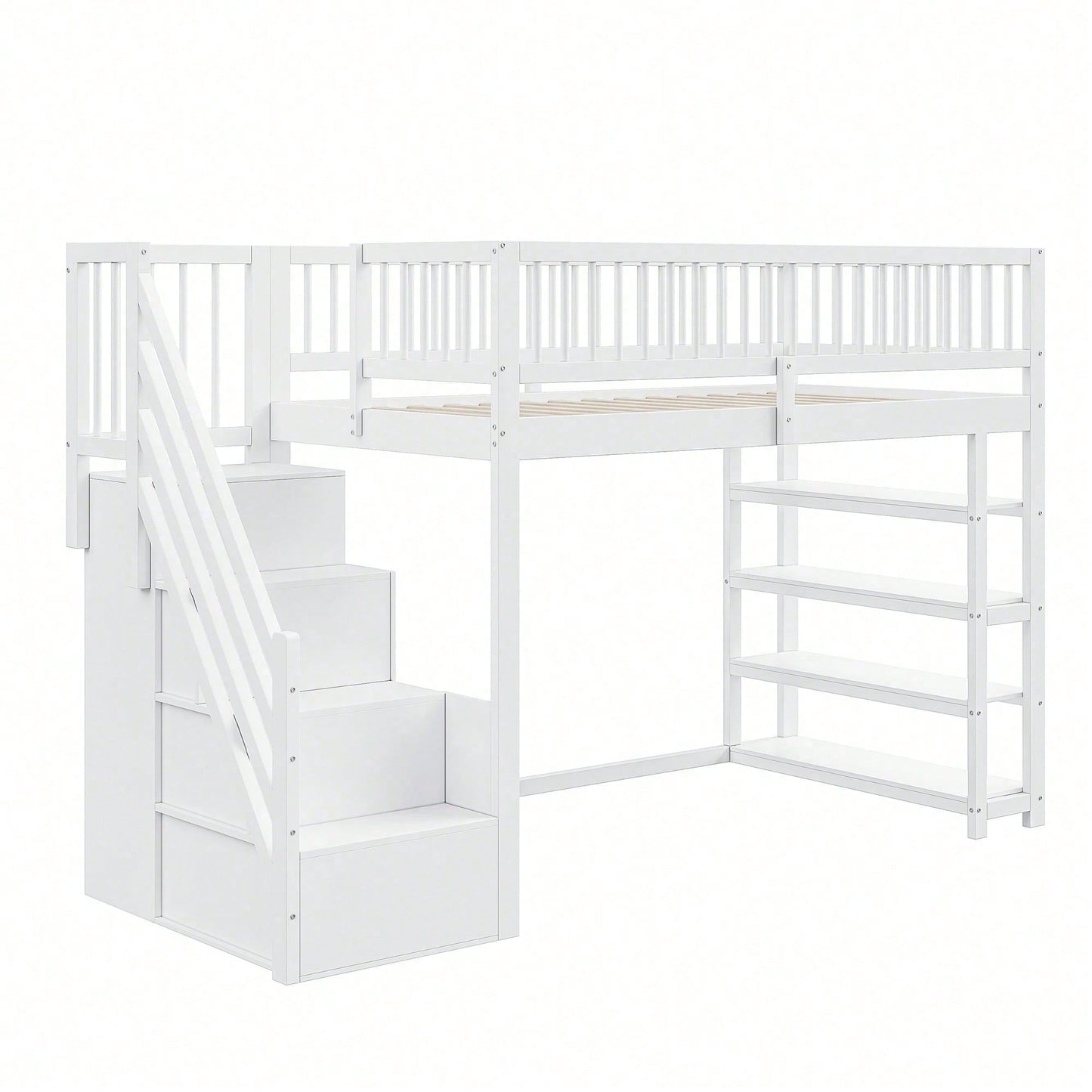 Hochbett 90x200 cm mit Kleiderschrank & Regalen – Sicherheitshochzaun, großer Stauraum & Kletterleiter – Massivholz, weiß, Multifunktions-Kinderbett