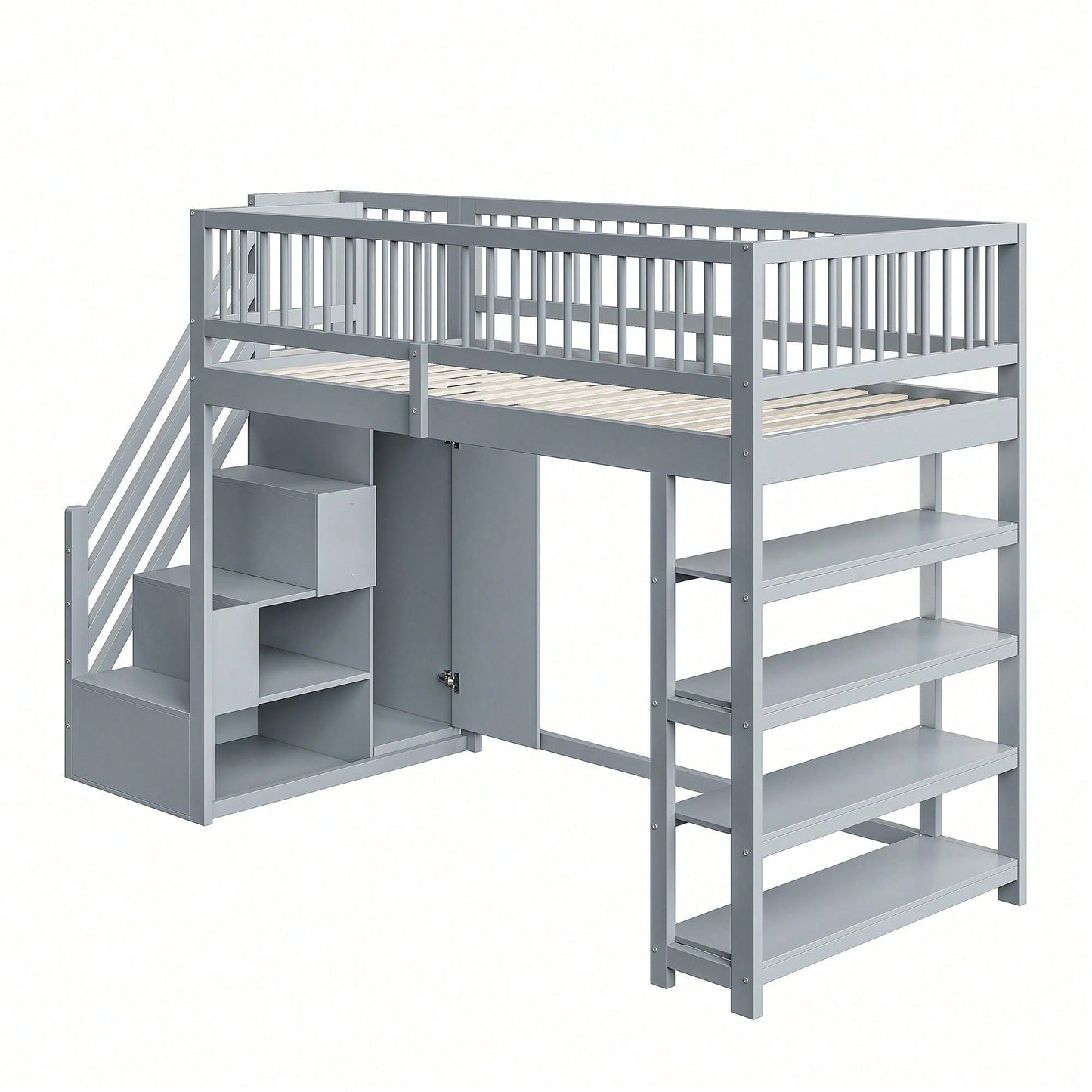 Hochbett 90x200 cm mit Kleiderschrank & Regalen – Sicherheitshochzaun, großer Stauraum & Kletterleiter – Massivholz, weiß, Multifunktions-Kinderbett