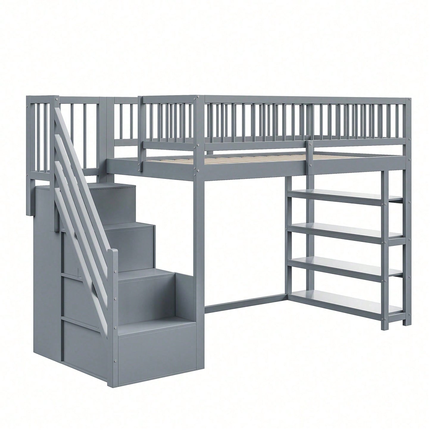 Hochbett 90x200 cm mit Kleiderschrank & Regalen – Sicherheitshochzaun, großer Stauraum & Kletterleiter – Massivholz, weiß, Multifunktions-Kinderbett
