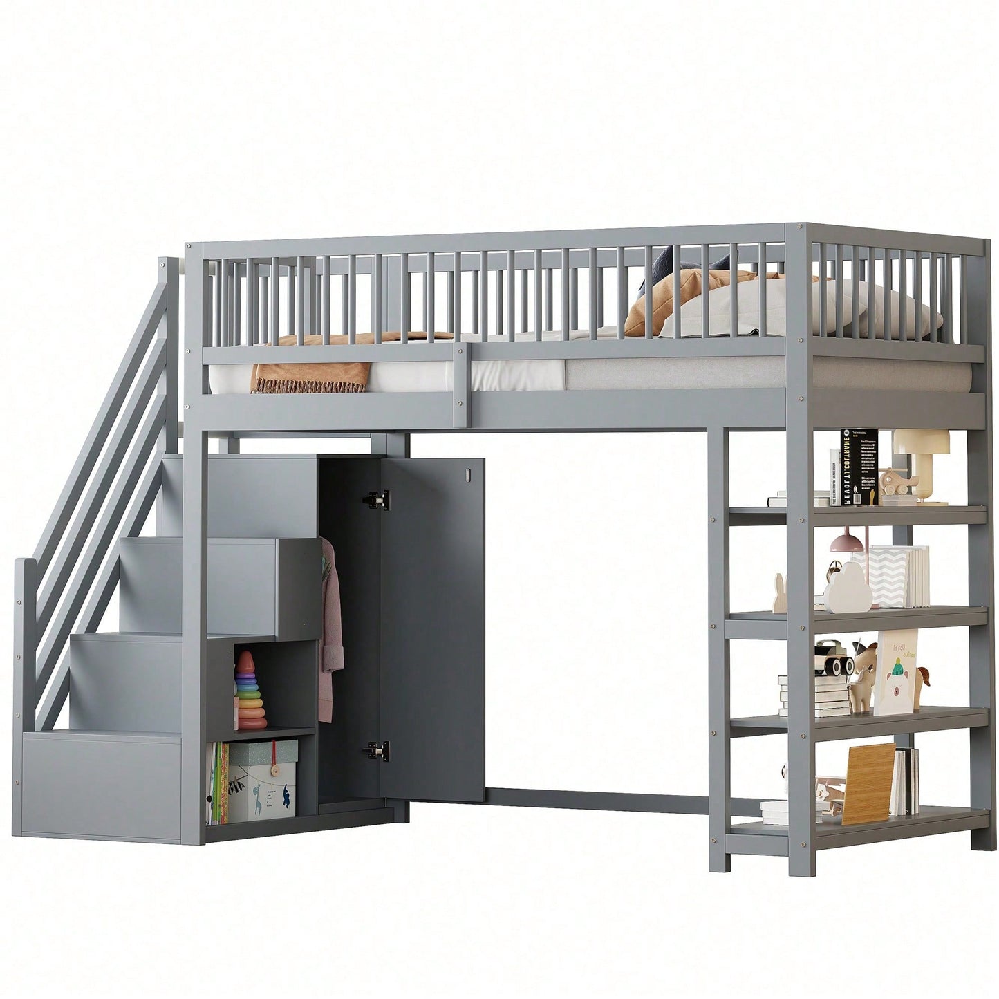 Hochbett 90x200 cm mit Kleiderschrank & Regalen – Sicherheitshochzaun, großer Stauraum & Kletterleiter – Massivholz, weiß, Multifunktions-Kinderbett