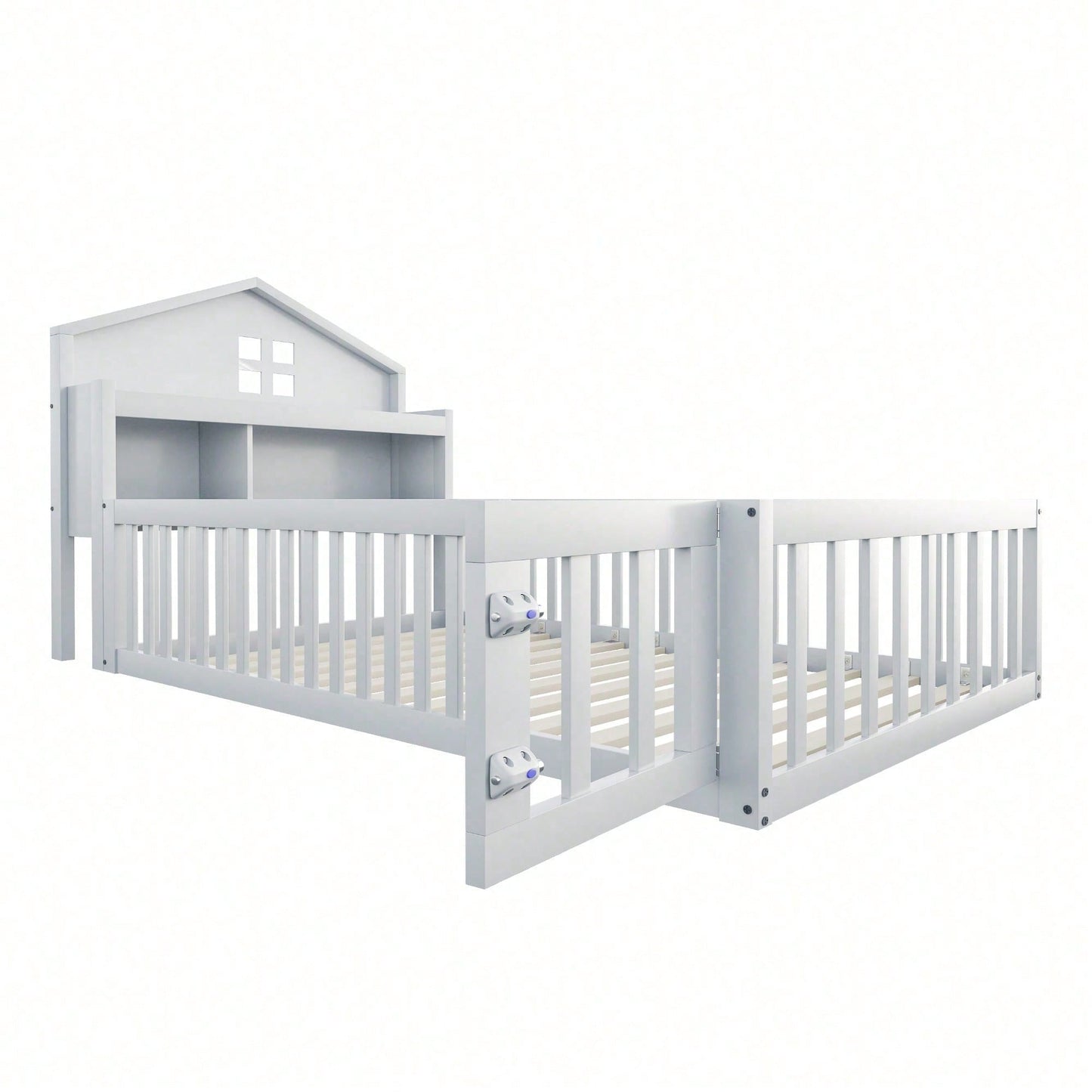White Solid Wood Children's Bed 90x200 cm - Complete Bed Frame with Safety Gate & Door, Picture Rail, Storage Shelves & Slatted Base - Playful House-Shaped Design for Kids' Room