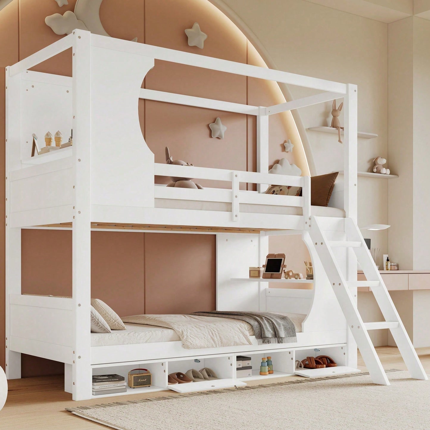 Modernes Etagenbett für Kinder (90x200 cm) - Mit integriertem Schreibtisch & Schuhschrank (4 Fächer) - Sicherheits-Gitter & dreistufige Schrägleiter - Viel Stauraum aus Kiefer, MDF & Sperrholz - Weiße Schlaf- & Spiel-Lösung