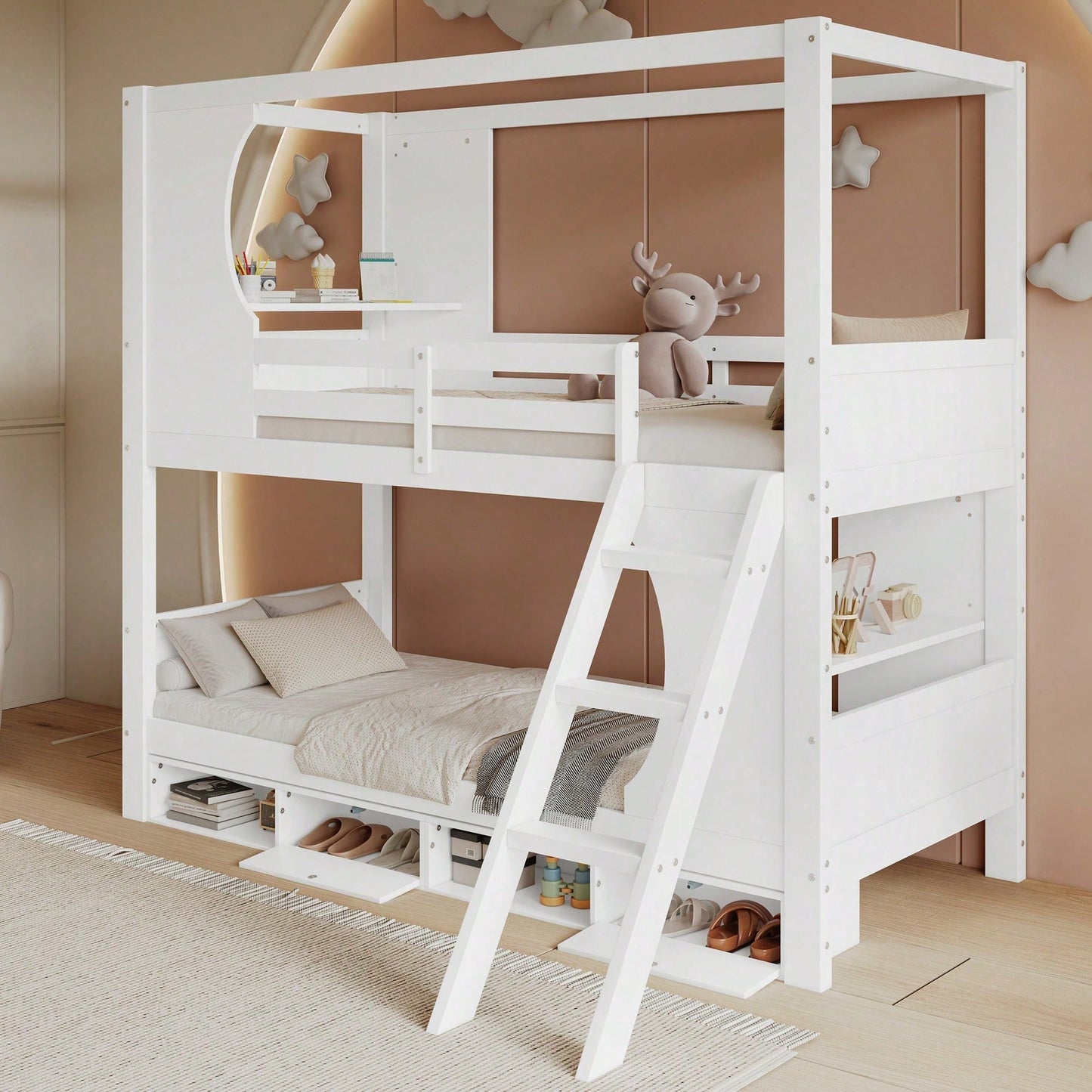 Modernes Etagenbett für Kinder (90x200 cm) - Mit integriertem Schreibtisch & Schuhschrank (4 Fächer) - Sicherheits-Gitter & dreistufige Schrägleiter - Viel Stauraum aus Kiefer, MDF & Sperrholz - Weiße Schlaf- & Spiel-Lösung