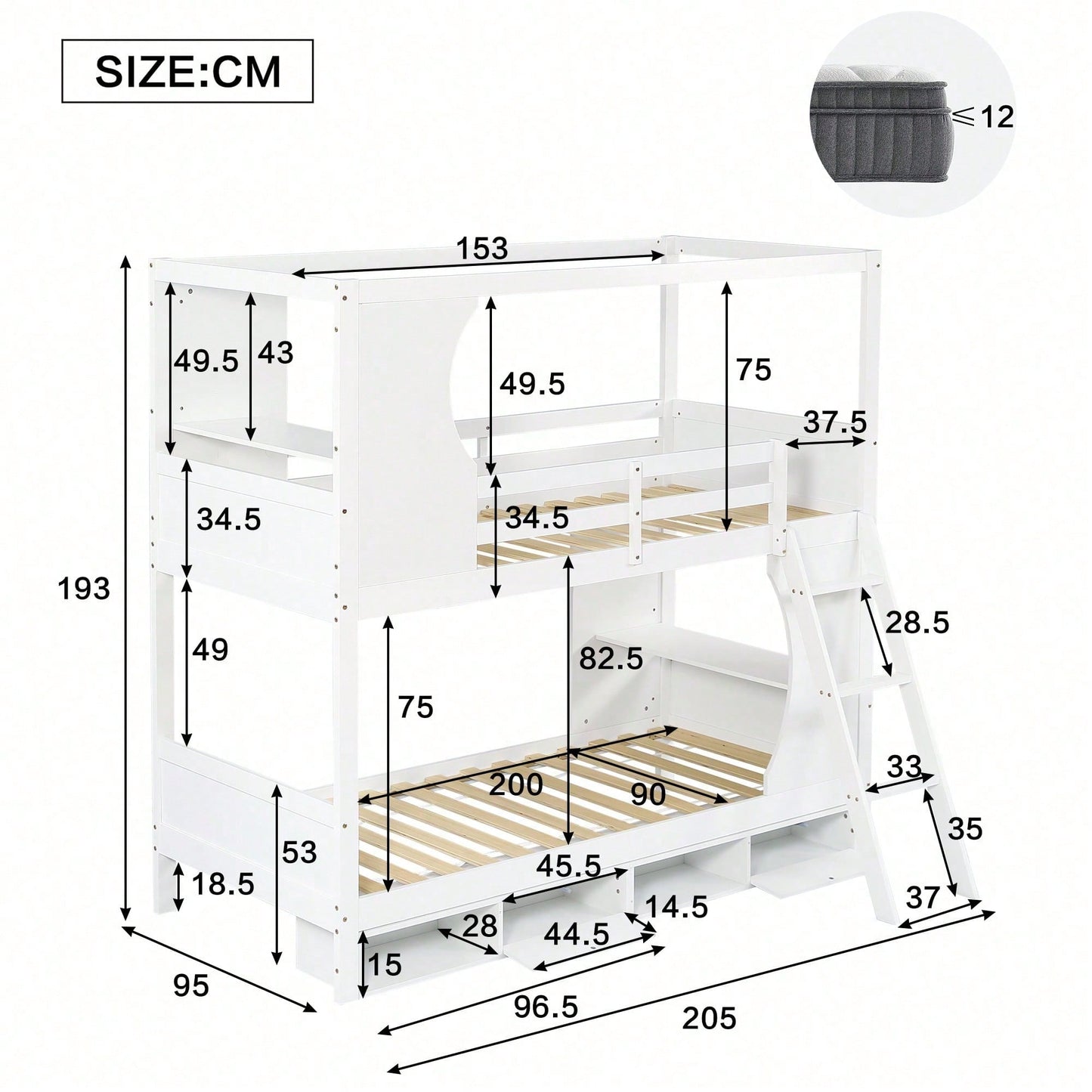 Modernes Etagenbett für Kinder (90x200 cm) - Mit integriertem Schreibtisch & Schuhschrank (4 Fächer) - Sicherheits-Gitter & dreistufige Schrägleiter - Viel Stauraum aus Kiefer, MDF & Sperrholz - Weiße Schlaf- & Spiel-Lösung