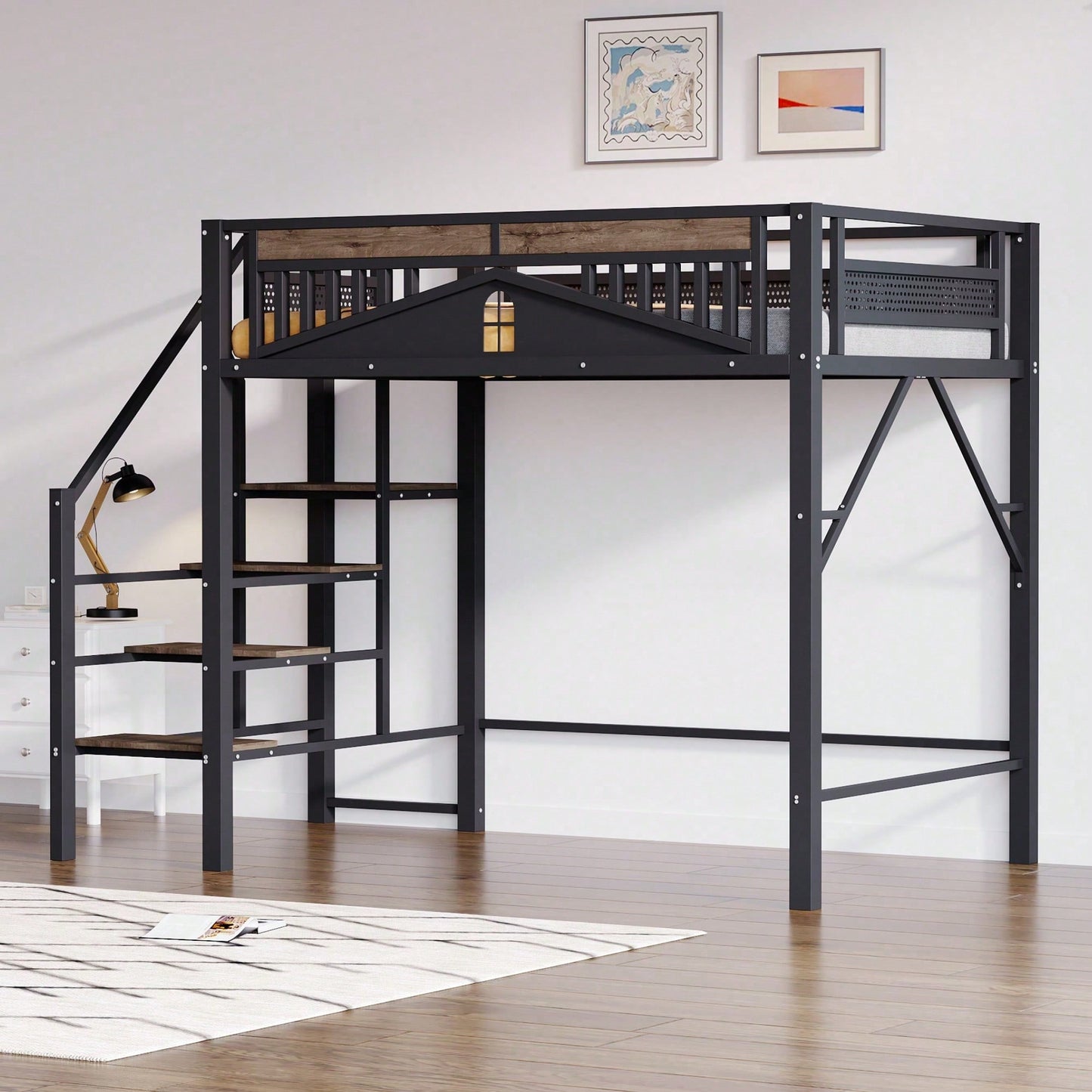 Modernes Metall-Hochbett 140x200 cm in Weiß - Einzigartiges Gehäusedesign mit dekorativen Fensterelementen - Sicherheitsleiter & großer Stauraum unter dem Bett - Stabile Schlafplatzlösung für Jugend- & Gästezimmer