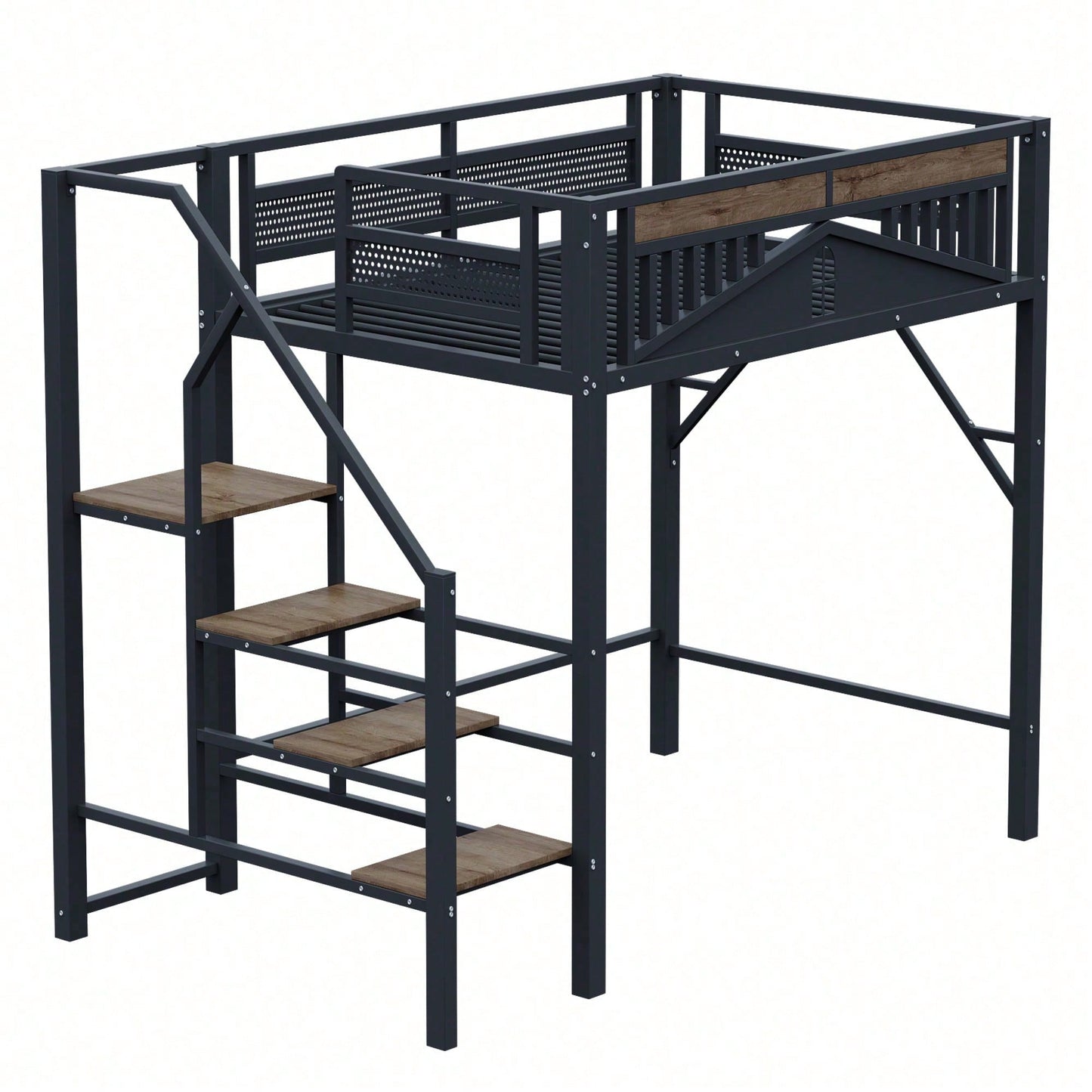 Modernes Metall-Hochbett 140x200 cm in Weiß - Einzigartiges Gehäusedesign mit dekorativen Fensterelementen - Sicherheitsleiter & großer Stauraum unter dem Bett - Stabile Schlafplatzlösung für Jugend- & Gästezimmer