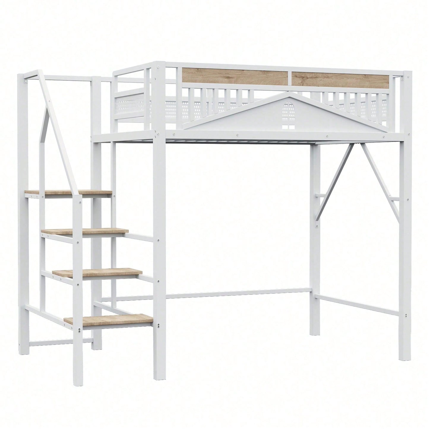 Modernes Metall-Hochbett 140x200 cm in Weiß - Einzigartiges Gehäusedesign mit dekorativen Fensterelementen - Sicherheitsleiter & großer Stauraum unter dem Bett - Stabile Schlafplatzlösung für Jugend- & Gästezimmer