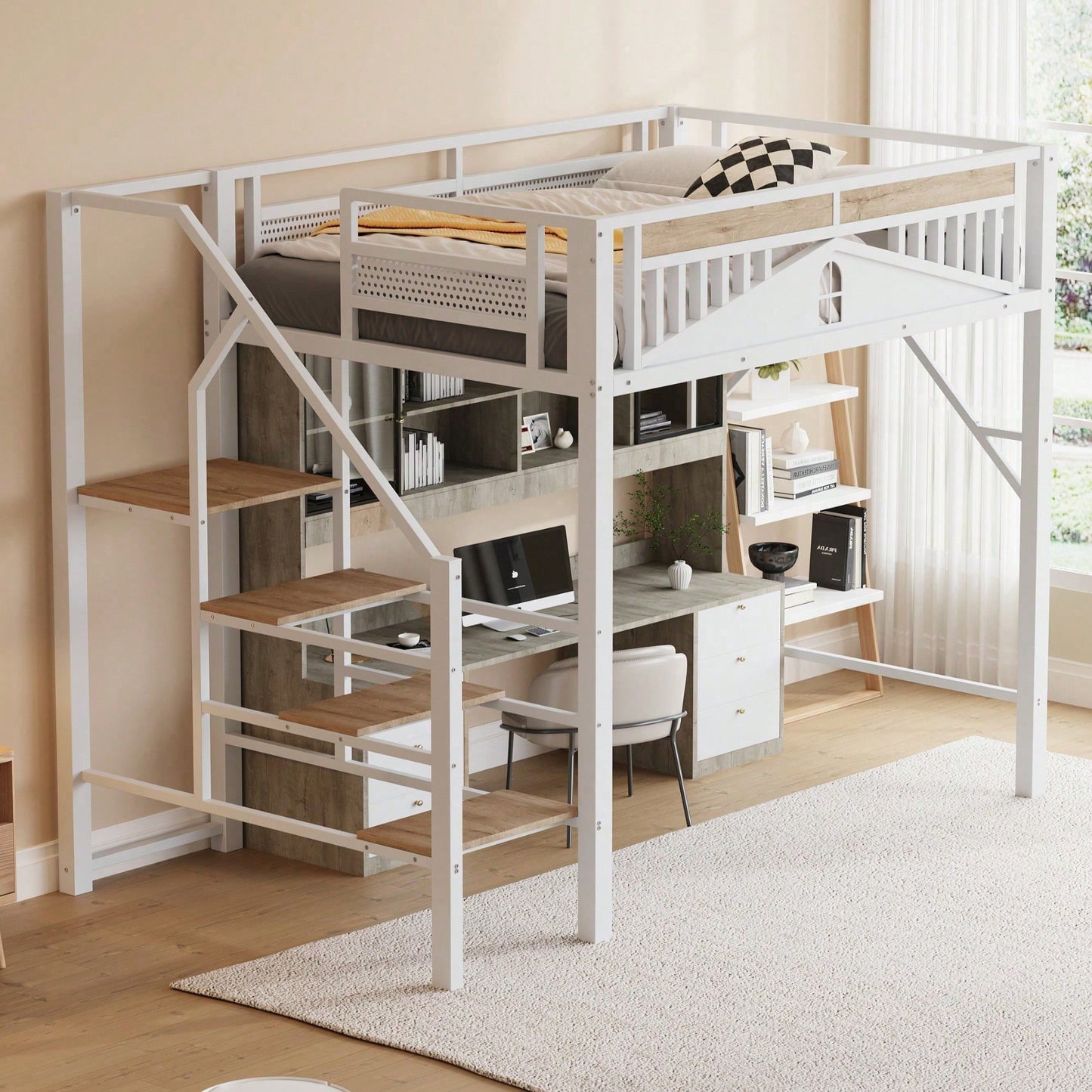 Modernes Metall-Hochbett 140x200 cm in Weiß - Einzigartiges Gehäusedesign mit dekorativen Fensterelementen - Sicherheitsleiter & großer Stauraum unter dem Bett - Stabile Schlafplatzlösung für Jugend- & Gästezimmer