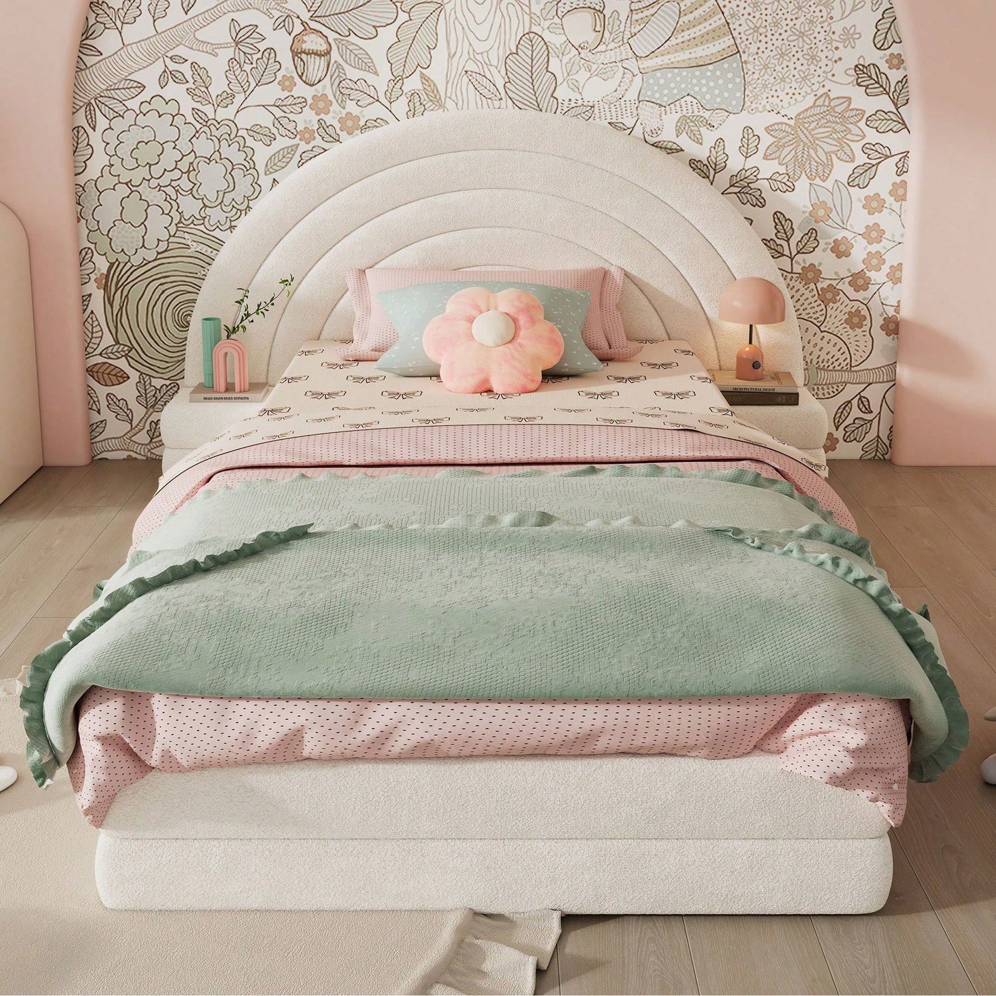 Modernes Einzelbett 90x200 cm in Beige - Exklusives Polsterbett mit Regenbogen-Kopfteil & beidseitigen Nachttischen - Hochwertiges Vliesimitat - Stilvolles & bequemes Bettgestell - Platzsparende Schlafzimmer-Lösung