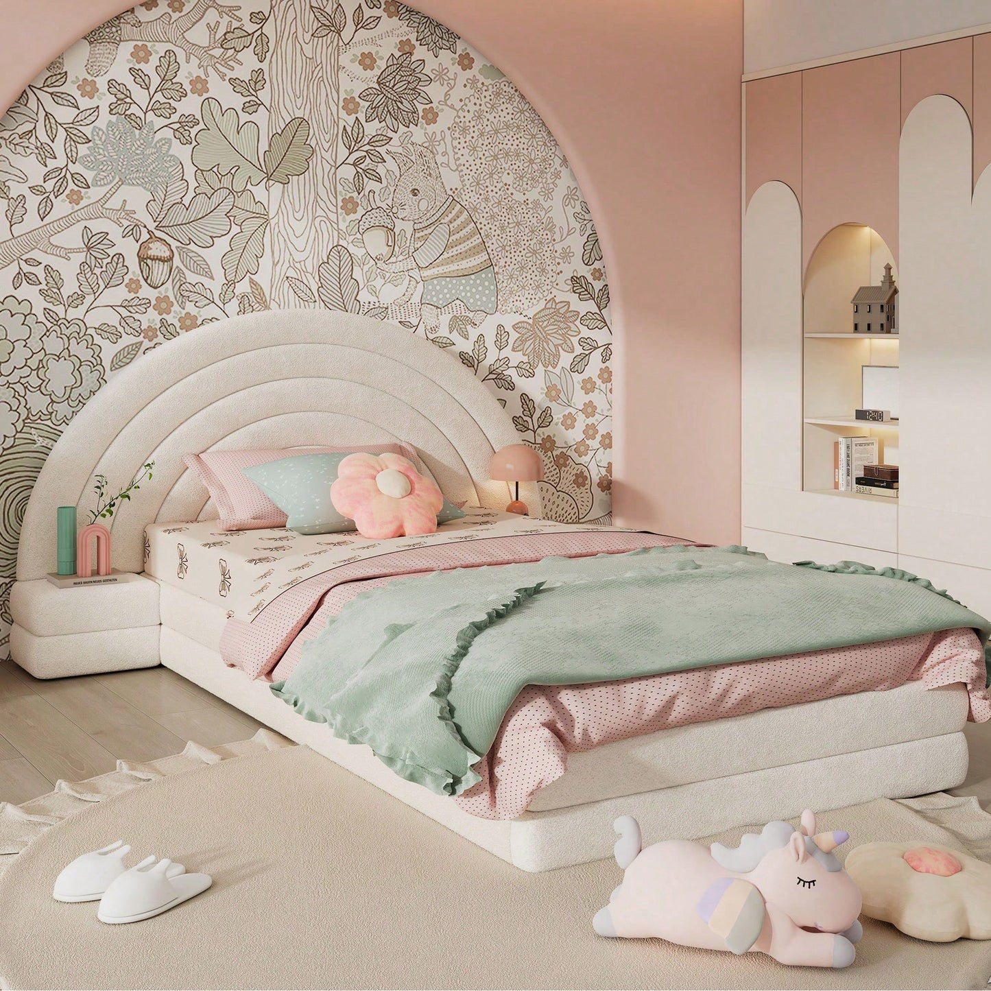 Modernes Einzelbett 90x200 cm in Beige - Exklusives Polsterbett mit Regenbogen-Kopfteil & beidseitigen Nachttischen - Hochwertiges Vliesimitat - Stilvolles & bequemes Bettgestell - Platzsparende Schlafzimmer-Lösung
