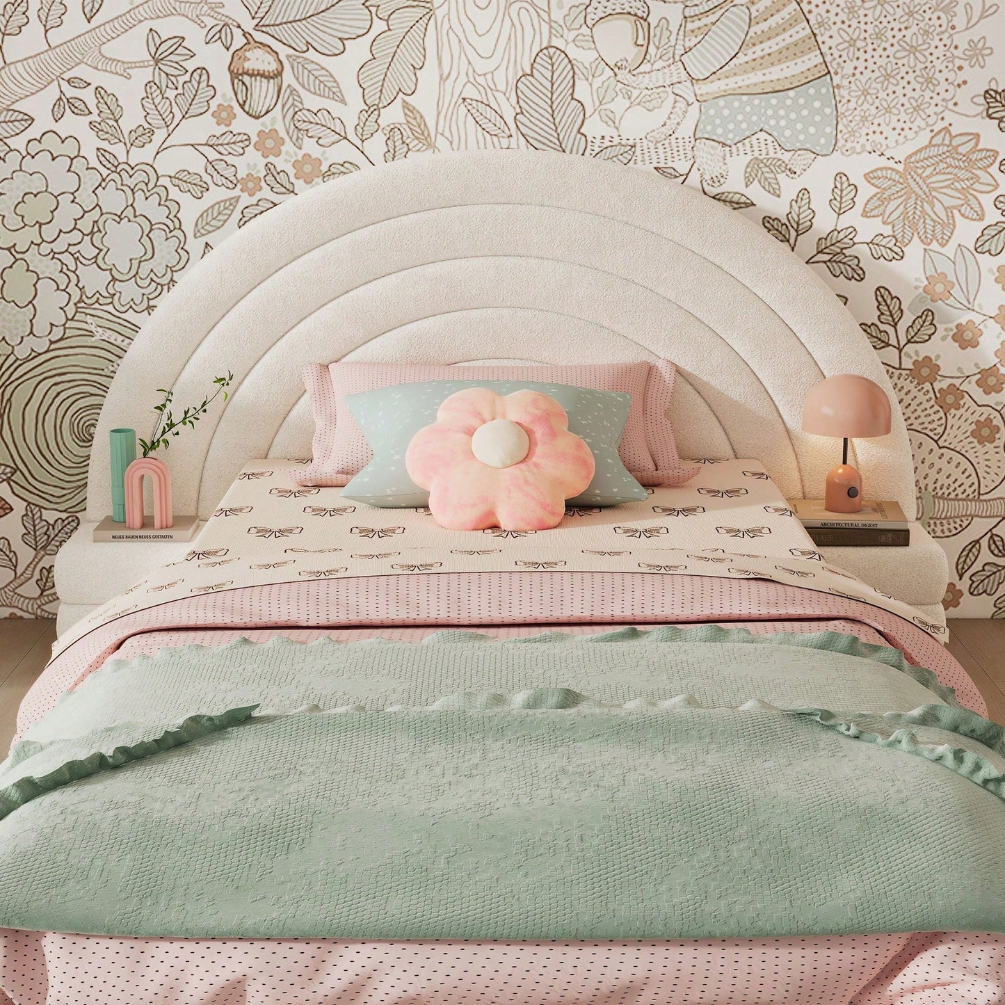 Modernes Einzelbett 90x200 cm in Beige - Exklusives Polsterbett mit Regenbogen-Kopfteil & beidseitigen Nachttischen - Hochwertiges Vliesimitat - Stilvolles & bequemes Bettgestell - Platzsparende Schlafzimmer-Lösung