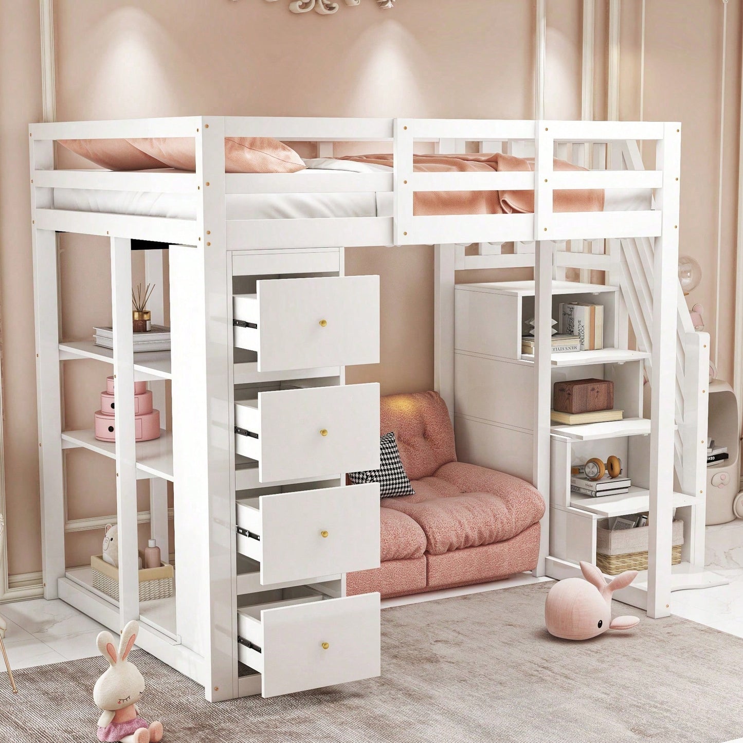 Massivholz-Hochbett 140x200 cm in Weiß - Mit integrierter Kommode & Aufbewahrungsschubladen - Sicherheits-Kletterleiter mit praktischen Staufächern - Multifunktionales Design mit Regalen - SKU: LDB00278AAK