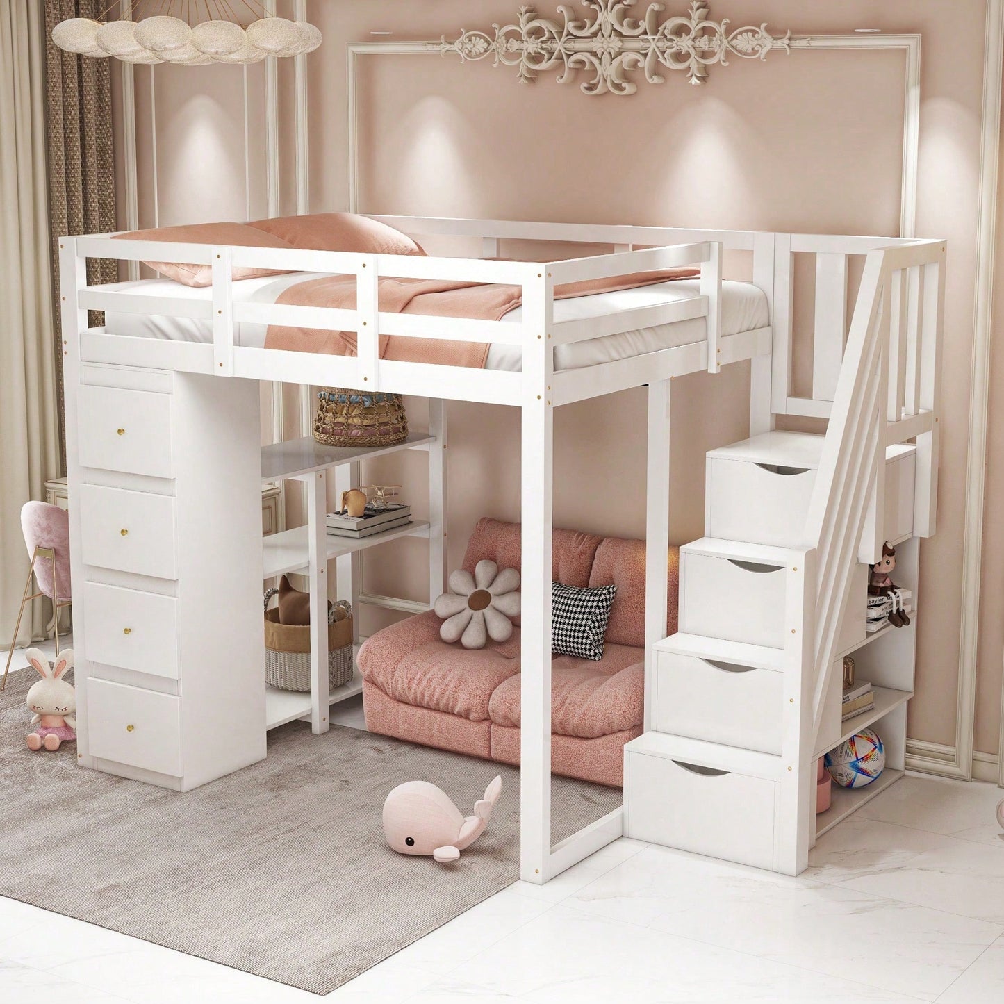 Massivholz-Hochbett 140x200 cm in Weiß - Mit integrierter Kommode & Aufbewahrungsschubladen - Sicherheits-Kletterleiter mit praktischen Staufächern - Multifunktionales Design mit Regalen - SKU: LDB00278AAK