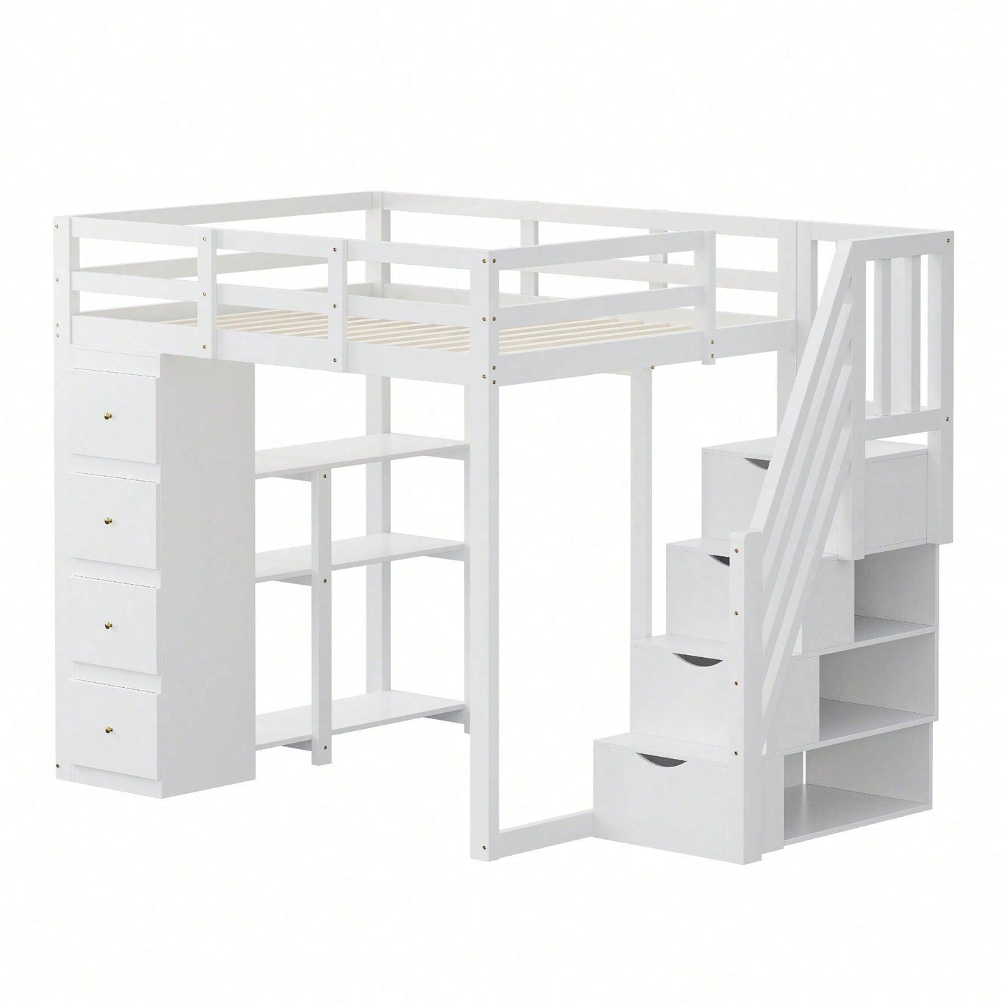 Massivholz-Hochbett 140x200 cm in Weiß - Mit integrierter Kommode & Aufbewahrungsschubladen - Sicherheits-Kletterleiter mit praktischen Staufächern - Multifunktionales Design mit Regalen - SKU: LDB00278AAK