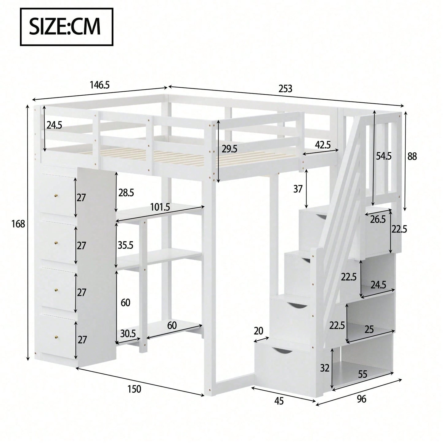 Massivholz-Hochbett 140x200 cm in Weiß - Mit integrierter Kommode & Aufbewahrungsschubladen - Sicherheits-Kletterleiter mit praktischen Staufächern - Multifunktionales Design mit Regalen - SKU: LDB00278AAK