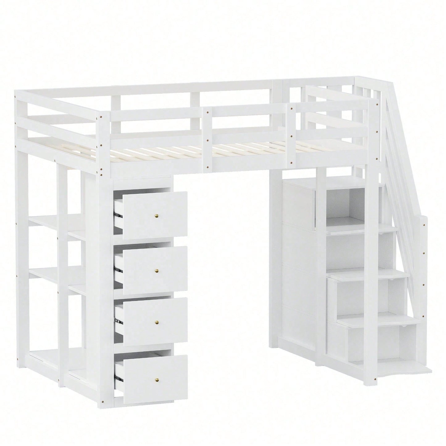 Massivholz-Hochbett 140x200 cm in Weiß - Mit integrierter Kommode & Aufbewahrungsschubladen - Sicherheits-Kletterleiter mit praktischen Staufächern - Multifunktionales Design mit Regalen - SKU: LDB00278AAK