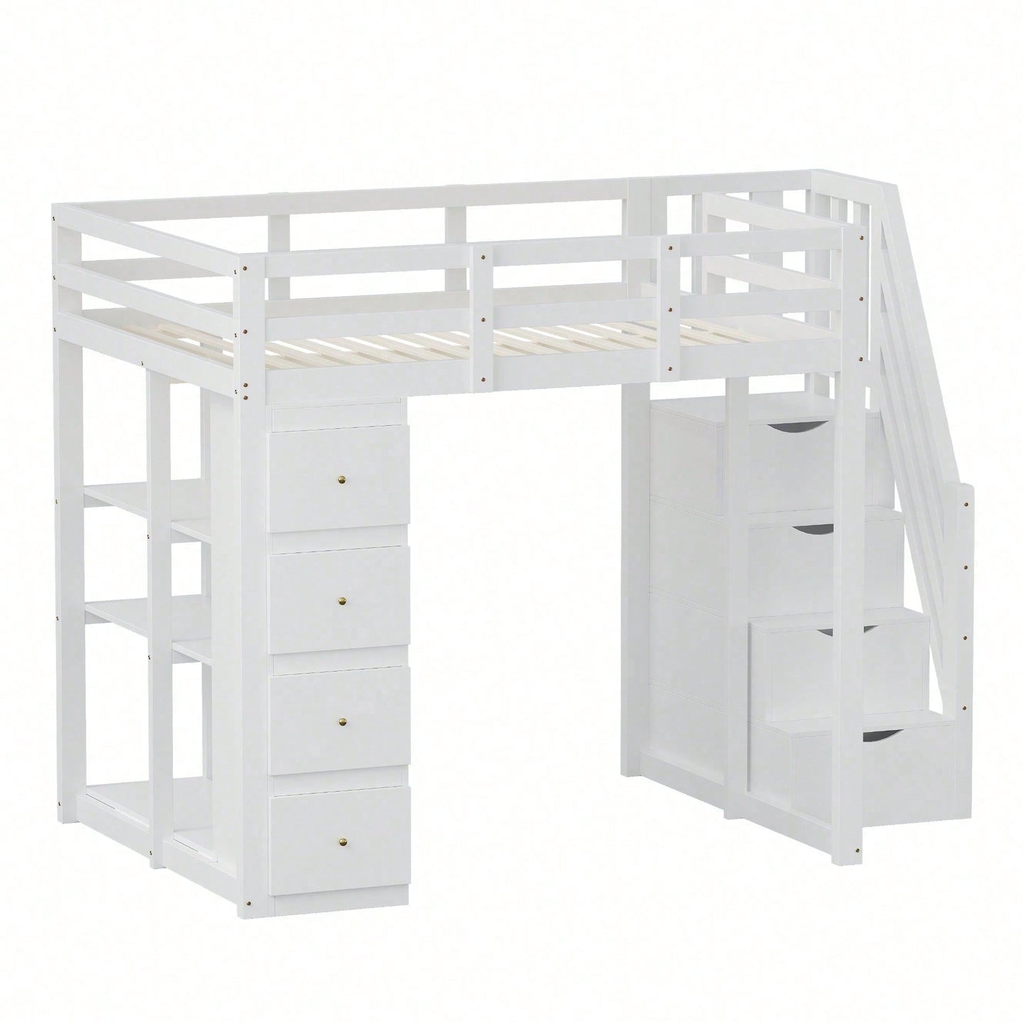 Massivholz-Hochbett 140x200 cm in Weiß - Mit integrierter Kommode & Aufbewahrungsschubladen - Sicherheits-Kletterleiter mit praktischen Staufächern - Multifunktionales Design mit Regalen - SKU: LDB00278AAK