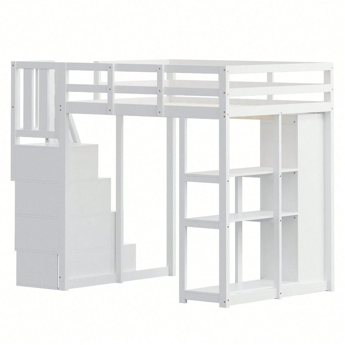 Massivholz-Hochbett 140x200 cm in Weiß - Mit integrierter Kommode & Aufbewahrungsschubladen - Sicherheits-Kletterleiter mit praktischen Staufächern - Multifunktionales Design mit Regalen - SKU: LDB00278AAK
