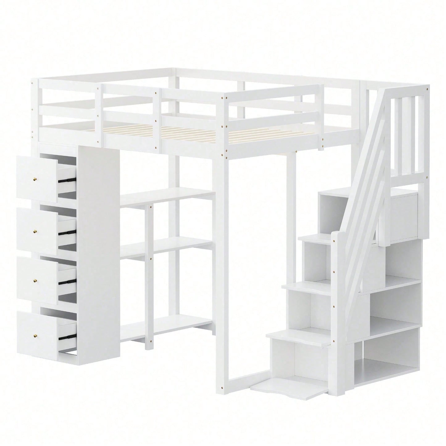 Massivholz-Hochbett 140x200 cm in Weiß - Mit integrierter Kommode & Aufbewahrungsschubladen - Sicherheits-Kletterleiter mit praktischen Staufächern - Multifunktionales Design mit Regalen - SKU: LDB00278AAK