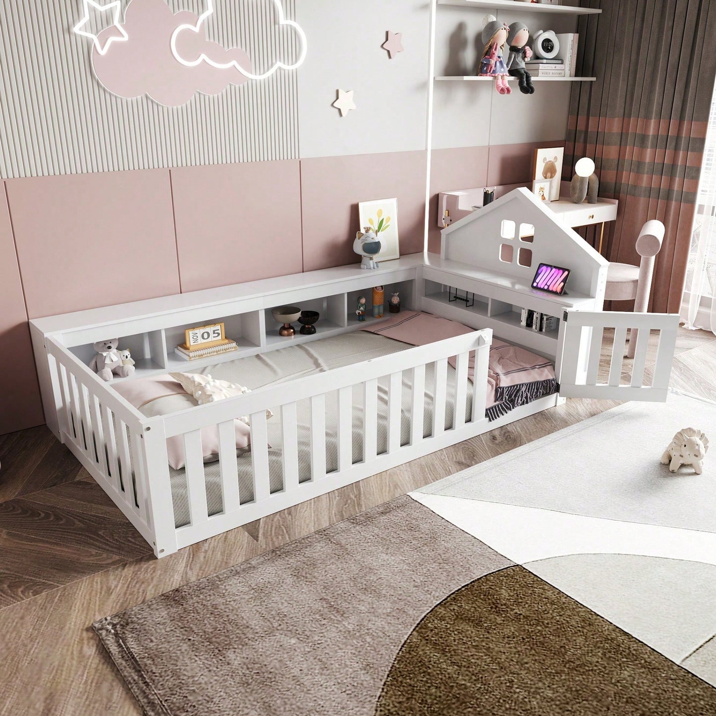 Massivholz-Kinderbett 90x200 cm in Weiß – Mit Dachleiste & Fenster – Praktisches Staufach & Sicherheitsgitter mit Tür – Rundum-Schutz & inkl. Lattenrost – Sicheres Einzelbett fürs Kinderzimmer