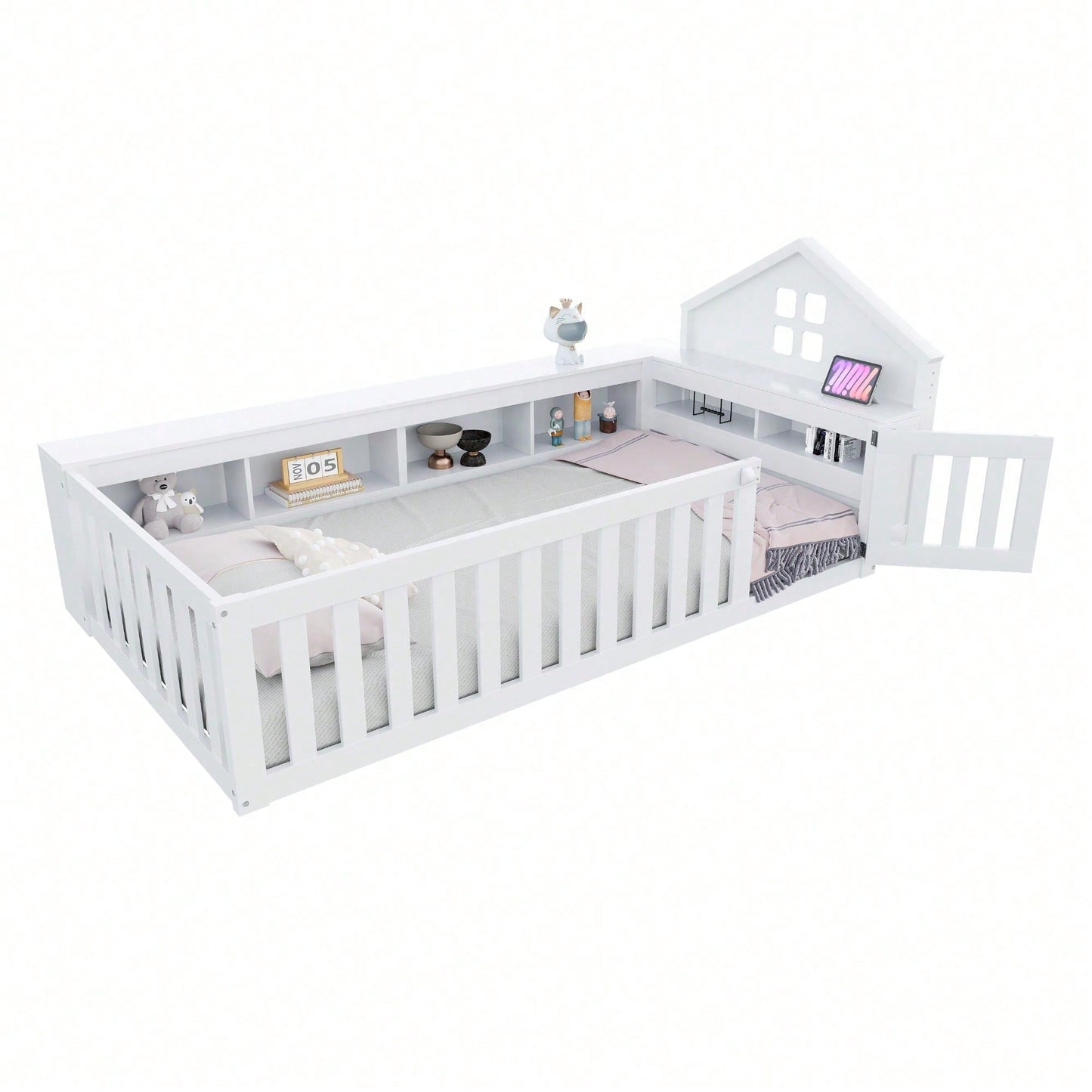 Massivholz-Kinderbett 90x200 cm in Weiß – Mit Dachleiste & Fenster – Praktisches Staufach & Sicherheitsgitter mit Tür – Rundum-Schutz & inkl. Lattenrost – Sicheres Einzelbett fürs Kinderzimmer