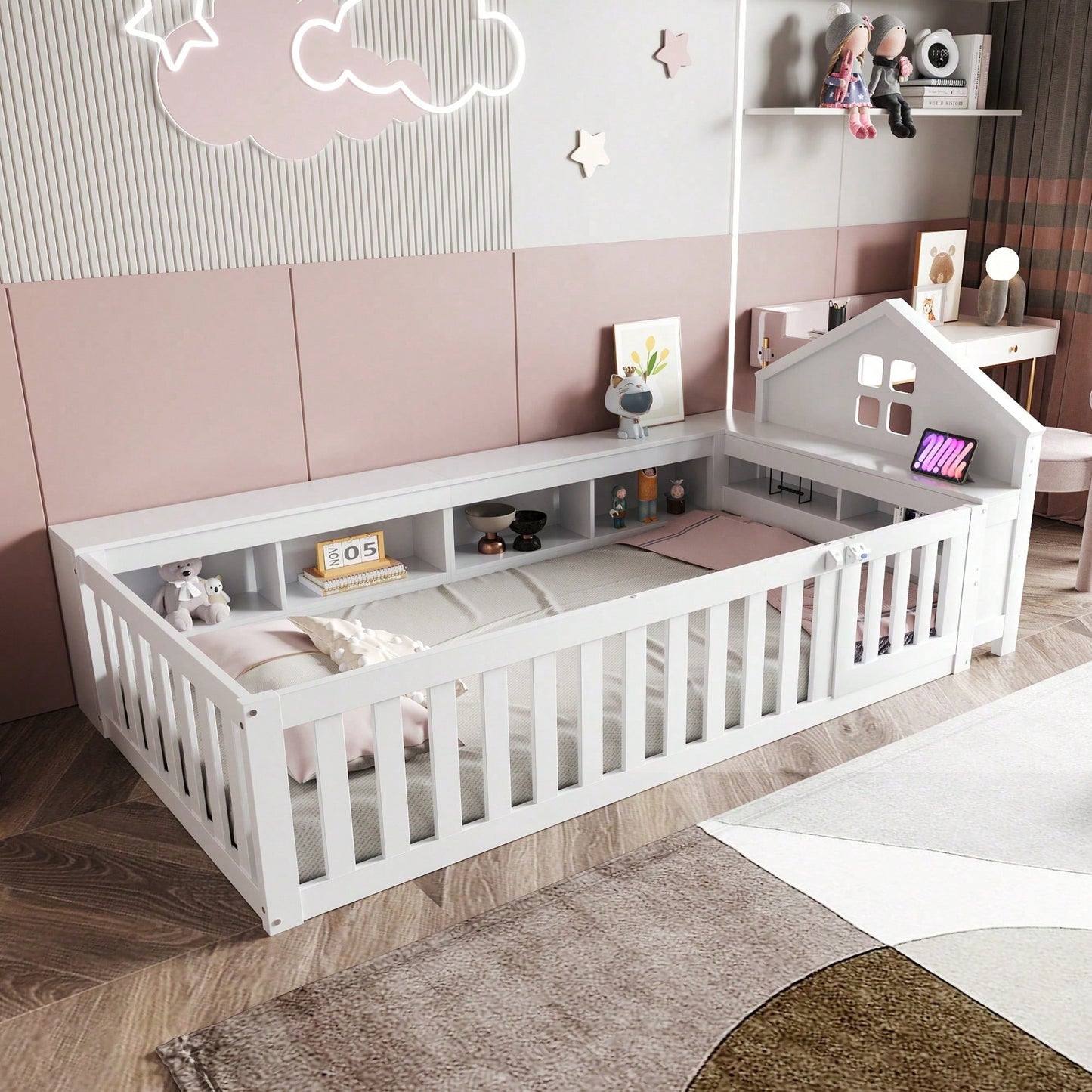 Massivholz-Kinderbett 90x200 cm in Weiß – Mit Dachleiste & Fenster – Praktisches Staufach & Sicherheitsgitter mit Tür – Rundum-Schutz & inkl. Lattenrost – Sicheres Einzelbett fürs Kinderzimmer