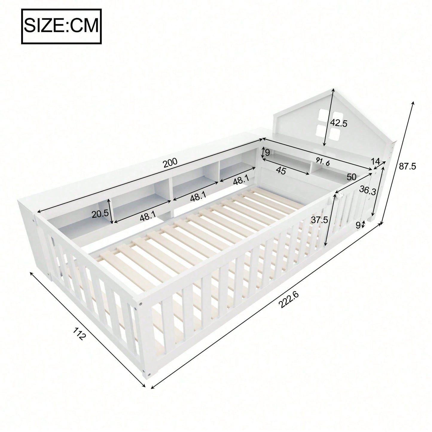 Massivholz-Kinderbett 90x200 cm in Weiß – Mit Dachleiste & Fenster – Praktisches Staufach & Sicherheitsgitter mit Tür – Rundum-Schutz & inkl. Lattenrost – Sicheres Einzelbett fürs Kinderzimmer