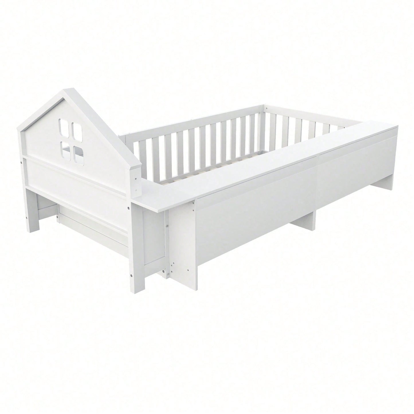 Massivholz-Kinderbett 90x200 cm in Weiß – Mit Dachleiste & Fenster – Praktisches Staufach & Sicherheitsgitter mit Tür – Rundum-Schutz & inkl. Lattenrost – Sicheres Einzelbett fürs Kinderzimmer
