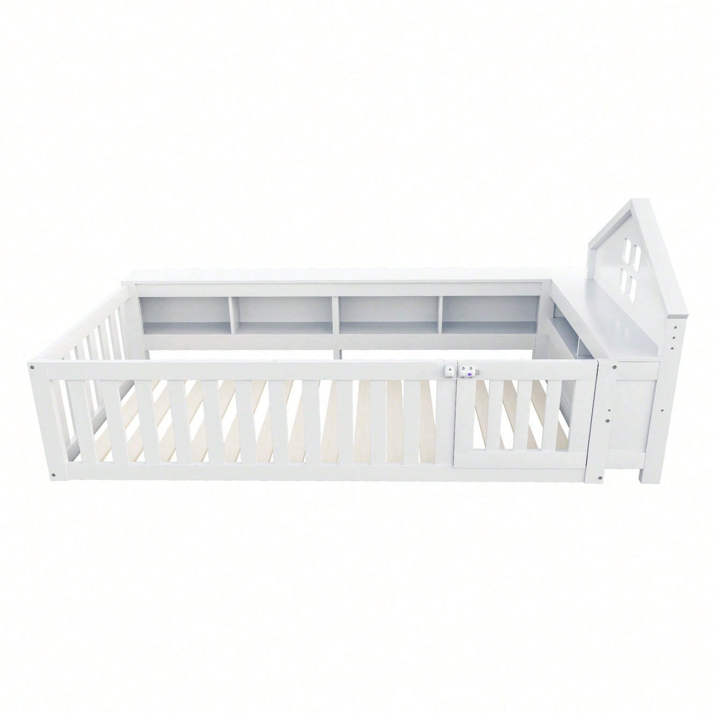 Massivholz-Kinderbett 90x200 cm in Weiß – Mit Dachleiste & Fenster – Praktisches Staufach & Sicherheitsgitter mit Tür – Rundum-Schutz & inkl. Lattenrost – Sicheres Einzelbett fürs Kinderzimmer