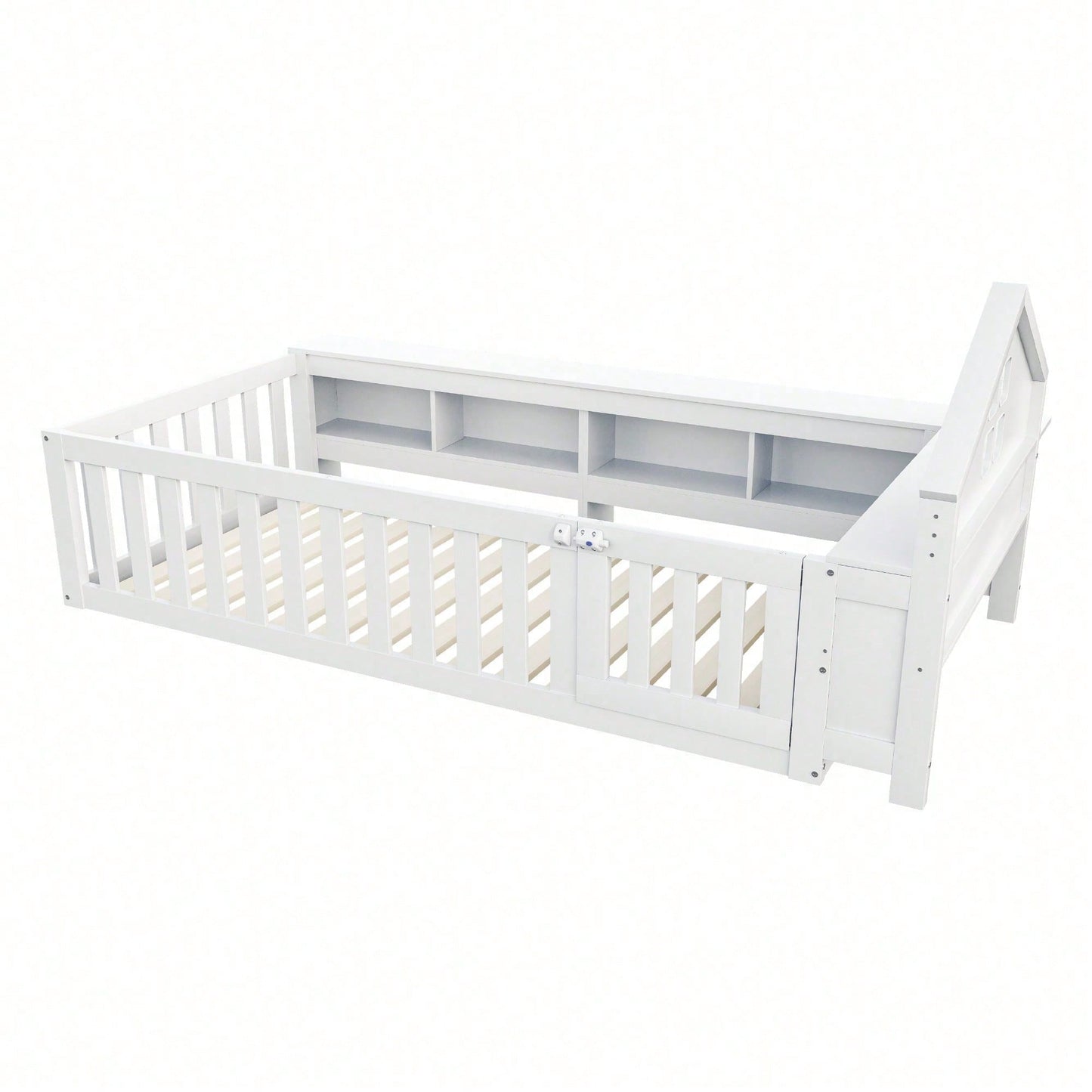 Massivholz-Kinderbett 90x200 cm in Weiß – Mit Dachleiste & Fenster – Praktisches Staufach & Sicherheitsgitter mit Tür – Rundum-Schutz & inkl. Lattenrost – Sicheres Einzelbett fürs Kinderzimmer