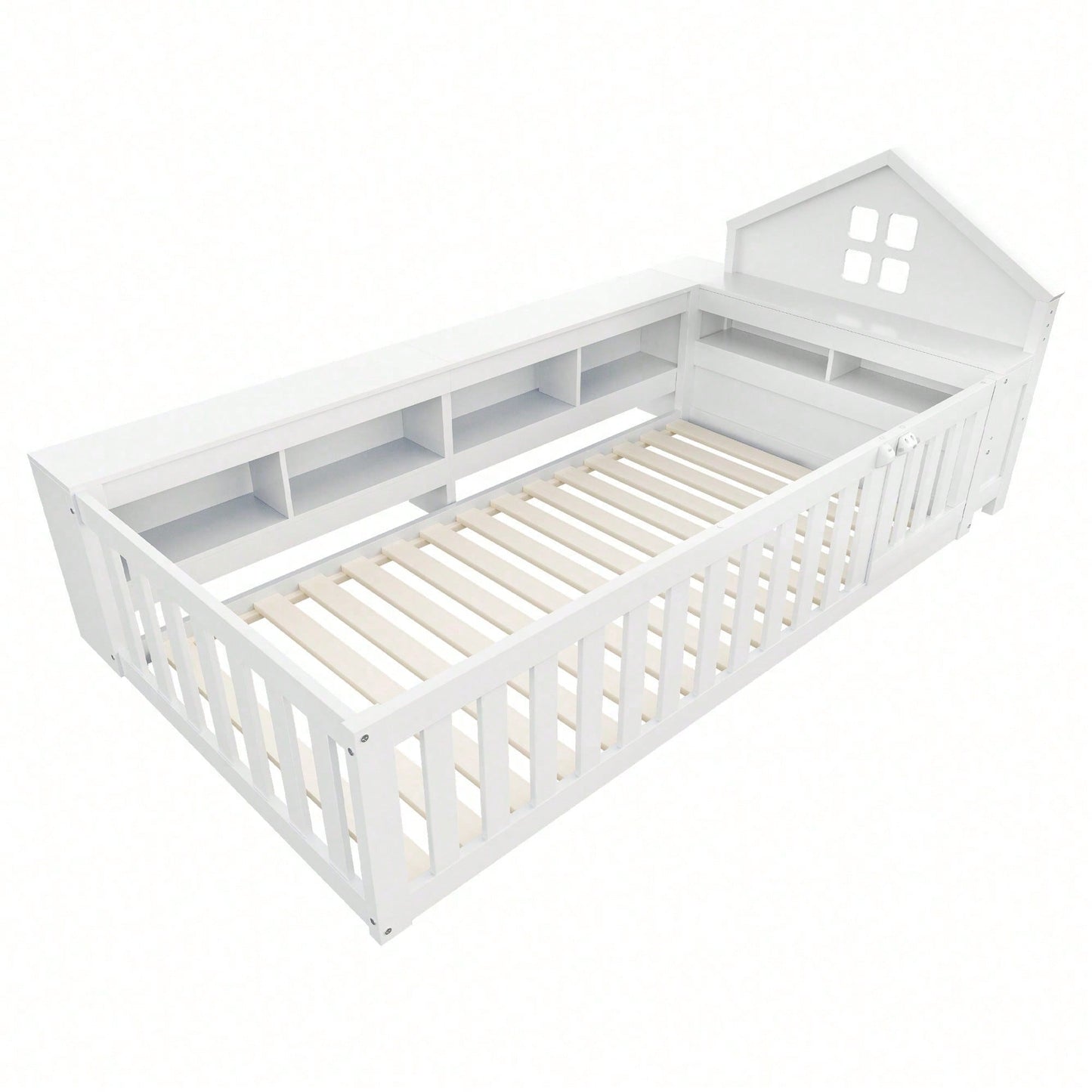 Massivholz-Kinderbett 90x200 cm in Weiß – Mit Dachleiste & Fenster – Praktisches Staufach & Sicherheitsgitter mit Tür – Rundum-Schutz & inkl. Lattenrost – Sicheres Einzelbett fürs Kinderzimmer