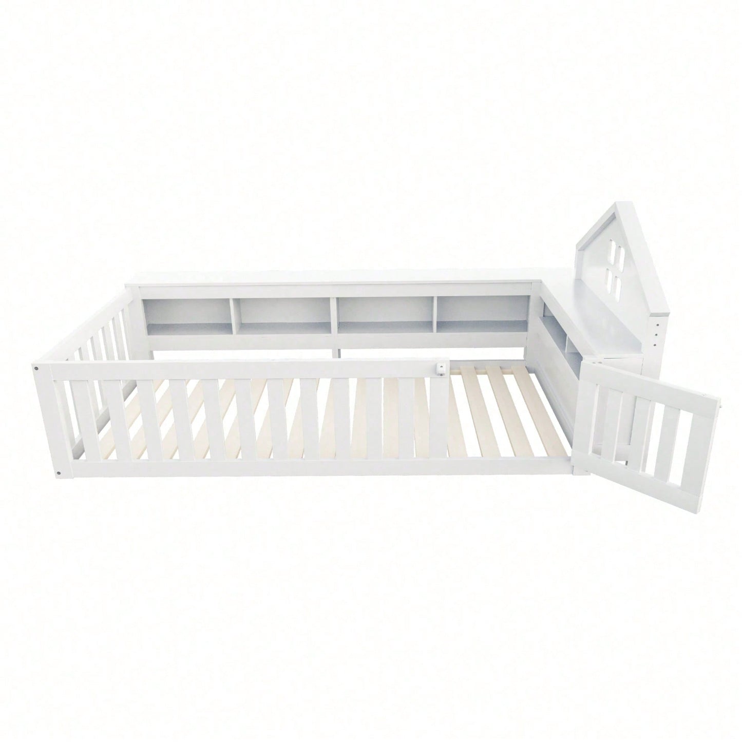 Massivholz-Kinderbett 90x200 cm in Weiß – Mit Dachleiste & Fenster – Praktisches Staufach & Sicherheitsgitter mit Tür – Rundum-Schutz & inkl. Lattenrost – Sicheres Einzelbett fürs Kinderzimmer