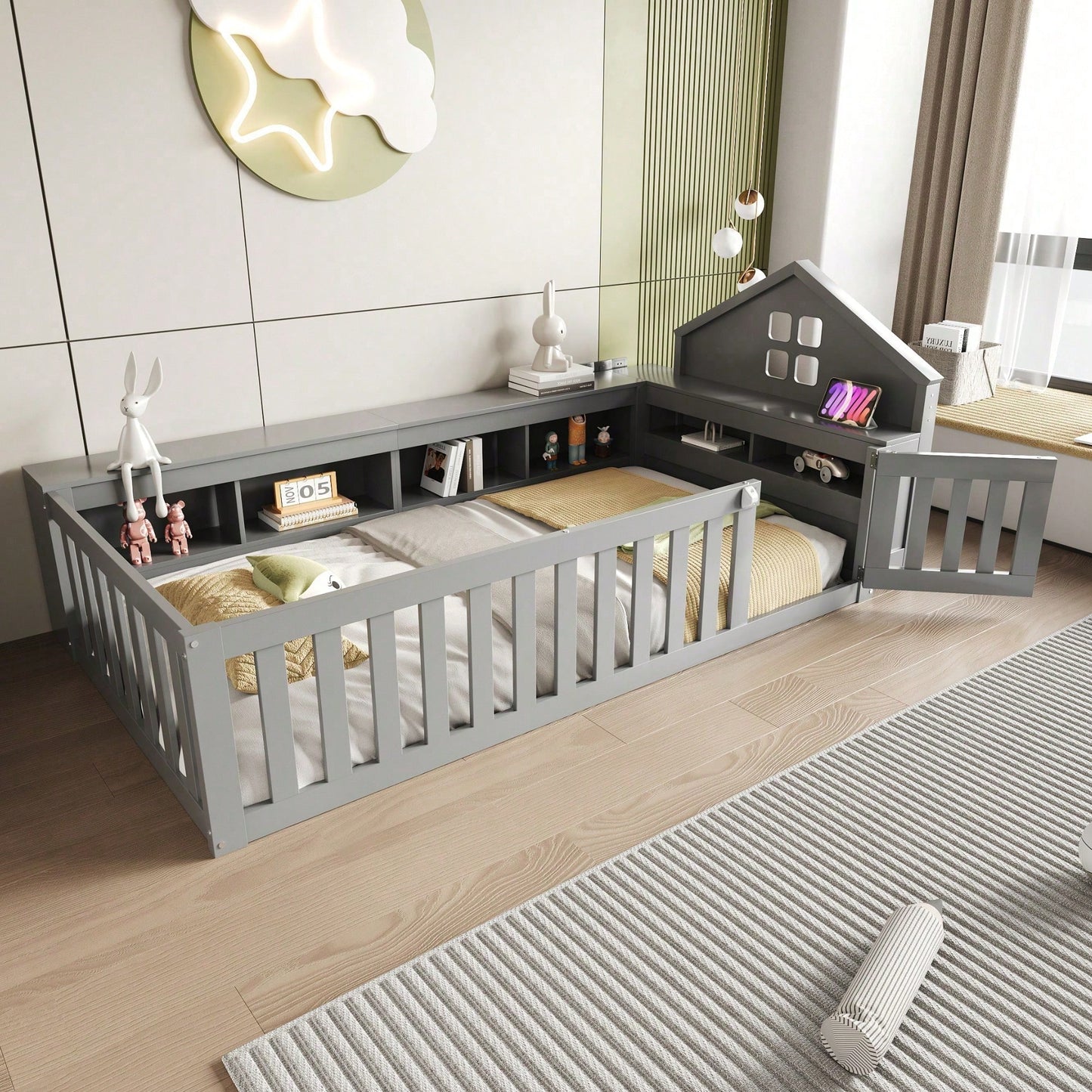 Massivholz-Kinderbett 90x200 cm in Weiß – Mit Dachleiste & Fenster – Praktisches Staufach & Sicherheitsgitter mit Tür – Rundum-Schutz & inkl. Lattenrost – Sicheres Einzelbett fürs Kinderzimmer