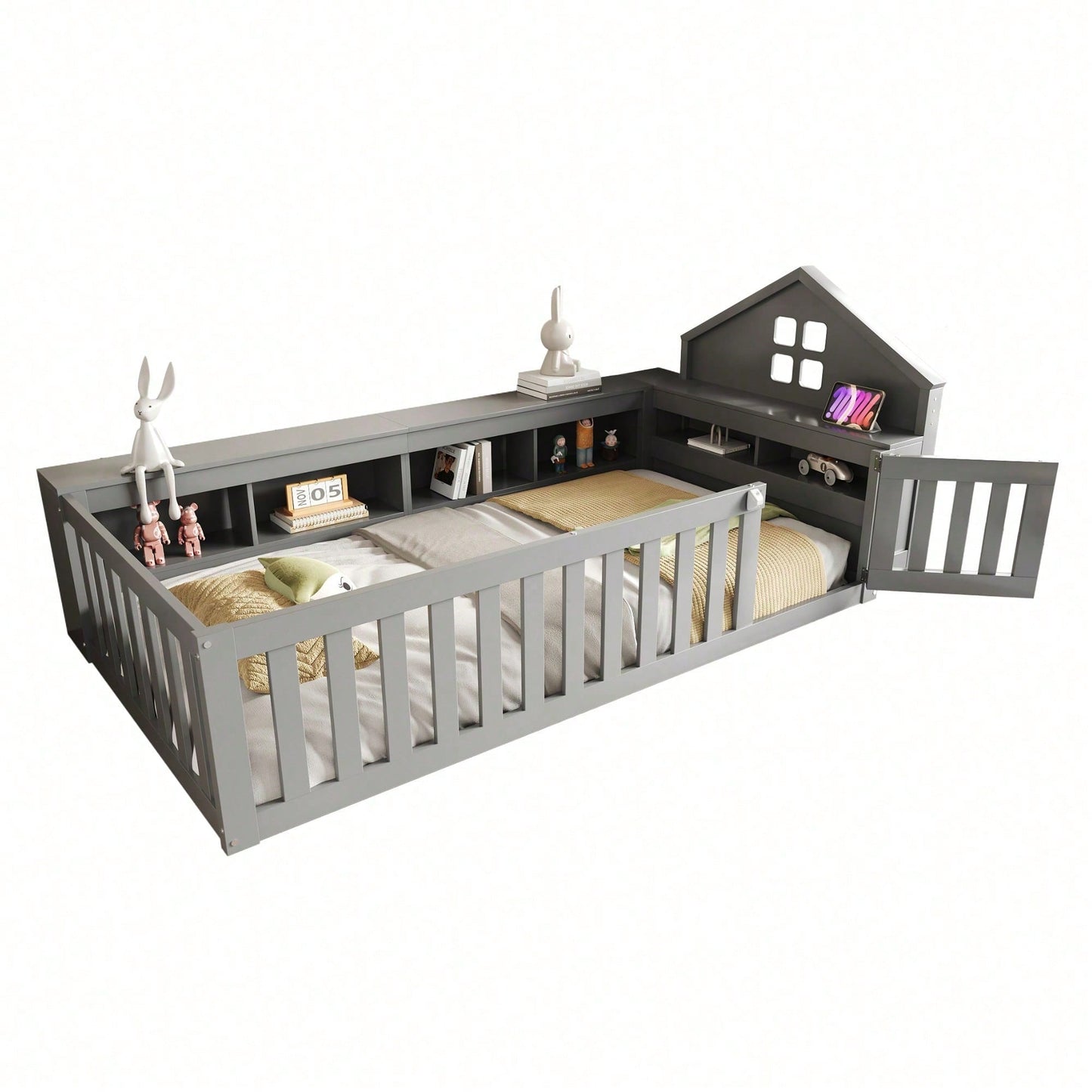 Massivholz-Kinderbett 90x200 cm in Weiß – Mit Dachleiste & Fenster – Praktisches Staufach & Sicherheitsgitter mit Tür – Rundum-Schutz & inkl. Lattenrost – Sicheres Einzelbett fürs Kinderzimmer