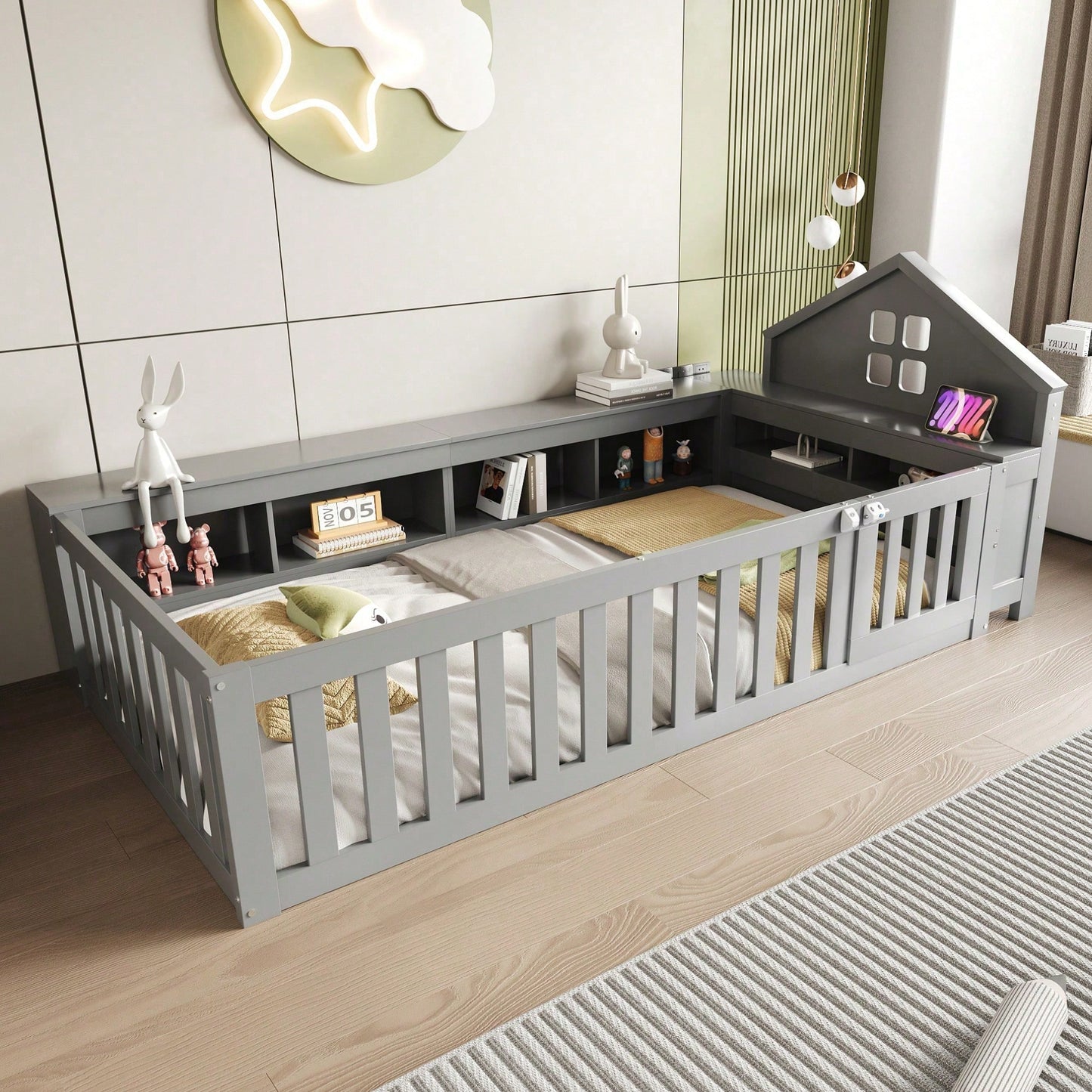 Massivholz-Kinderbett 90x200 cm in Weiß – Mit Dachleiste & Fenster – Praktisches Staufach & Sicherheitsgitter mit Tür – Rundum-Schutz & inkl. Lattenrost – Sicheres Einzelbett fürs Kinderzimmer