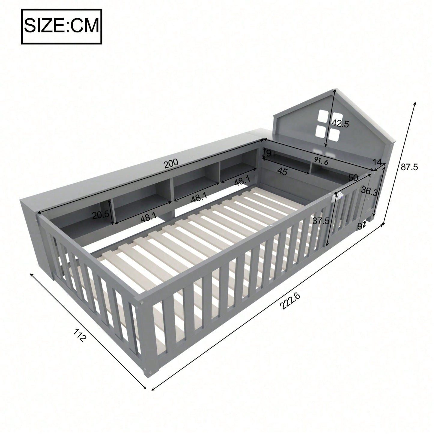 Massivholz-Kinderbett 90x200 cm in Weiß – Mit Dachleiste & Fenster – Praktisches Staufach & Sicherheitsgitter mit Tür – Rundum-Schutz & inkl. Lattenrost – Sicheres Einzelbett fürs Kinderzimmer