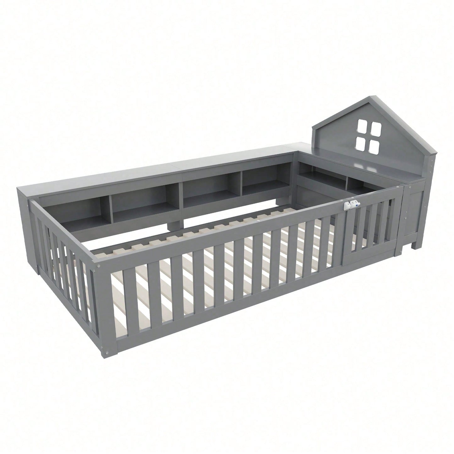 Massivholz-Kinderbett 90x200 cm in Weiß – Mit Dachleiste & Fenster – Praktisches Staufach & Sicherheitsgitter mit Tür – Rundum-Schutz & inkl. Lattenrost – Sicheres Einzelbett fürs Kinderzimmer