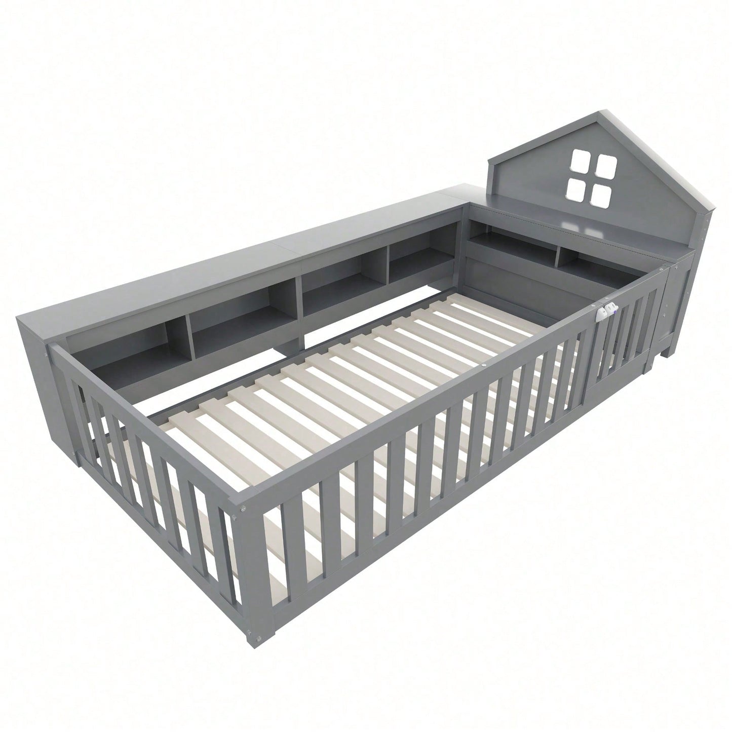 Massivholz-Kinderbett 90x200 cm in Weiß – Mit Dachleiste & Fenster – Praktisches Staufach & Sicherheitsgitter mit Tür – Rundum-Schutz & inkl. Lattenrost – Sicheres Einzelbett fürs Kinderzimmer